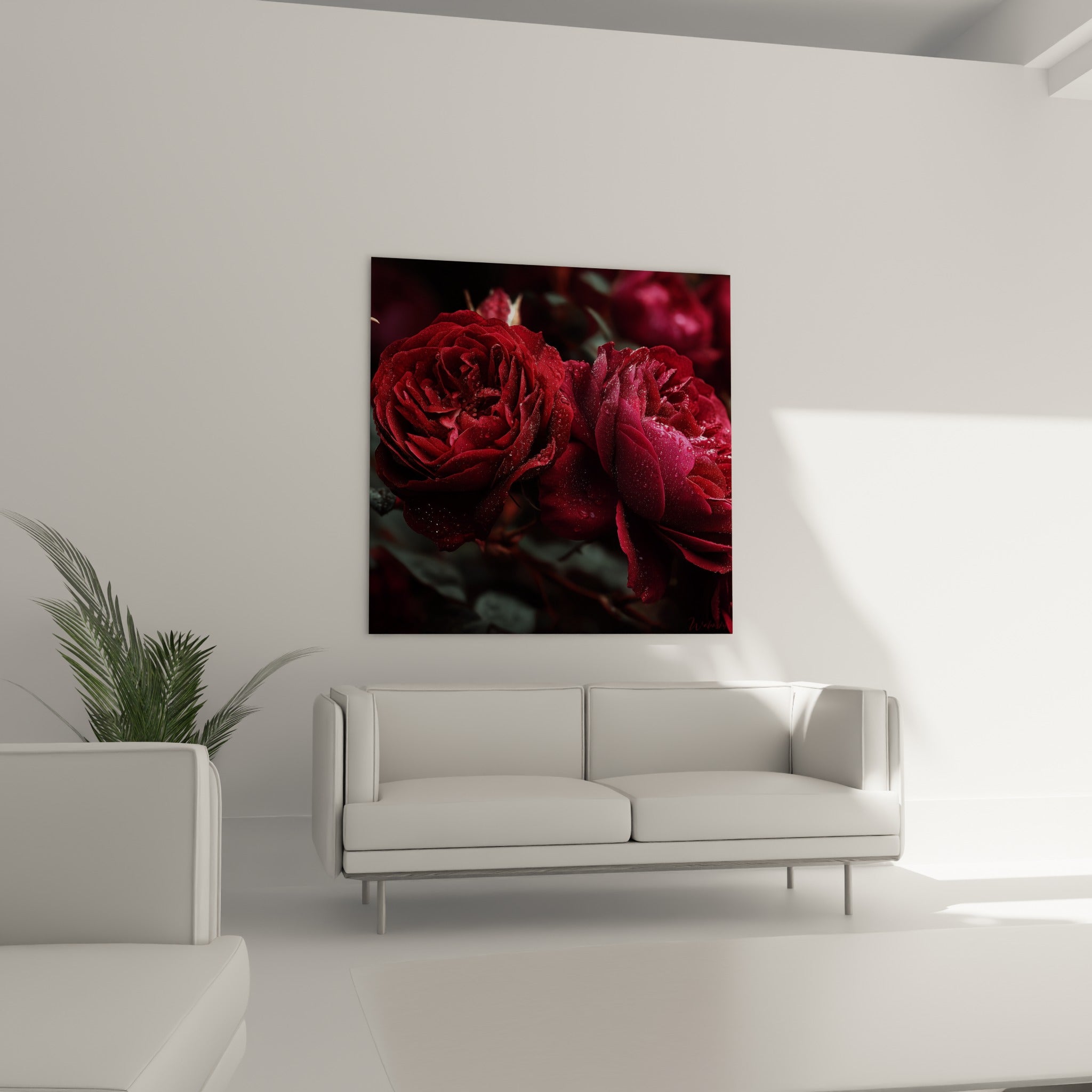 Fleurs rouges veloutées et rosée scintillante suspendues au-dessus d'un canapé dans un salon lumineux