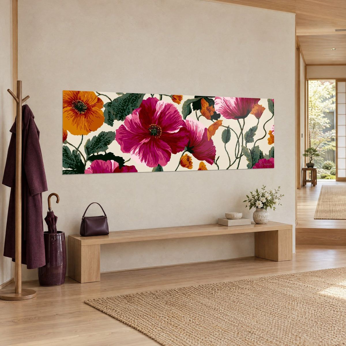 Wall art cream floral panorama, large fuchsia bloom with a star-shaped yellow heart and orange buds, on a beige entryway wall