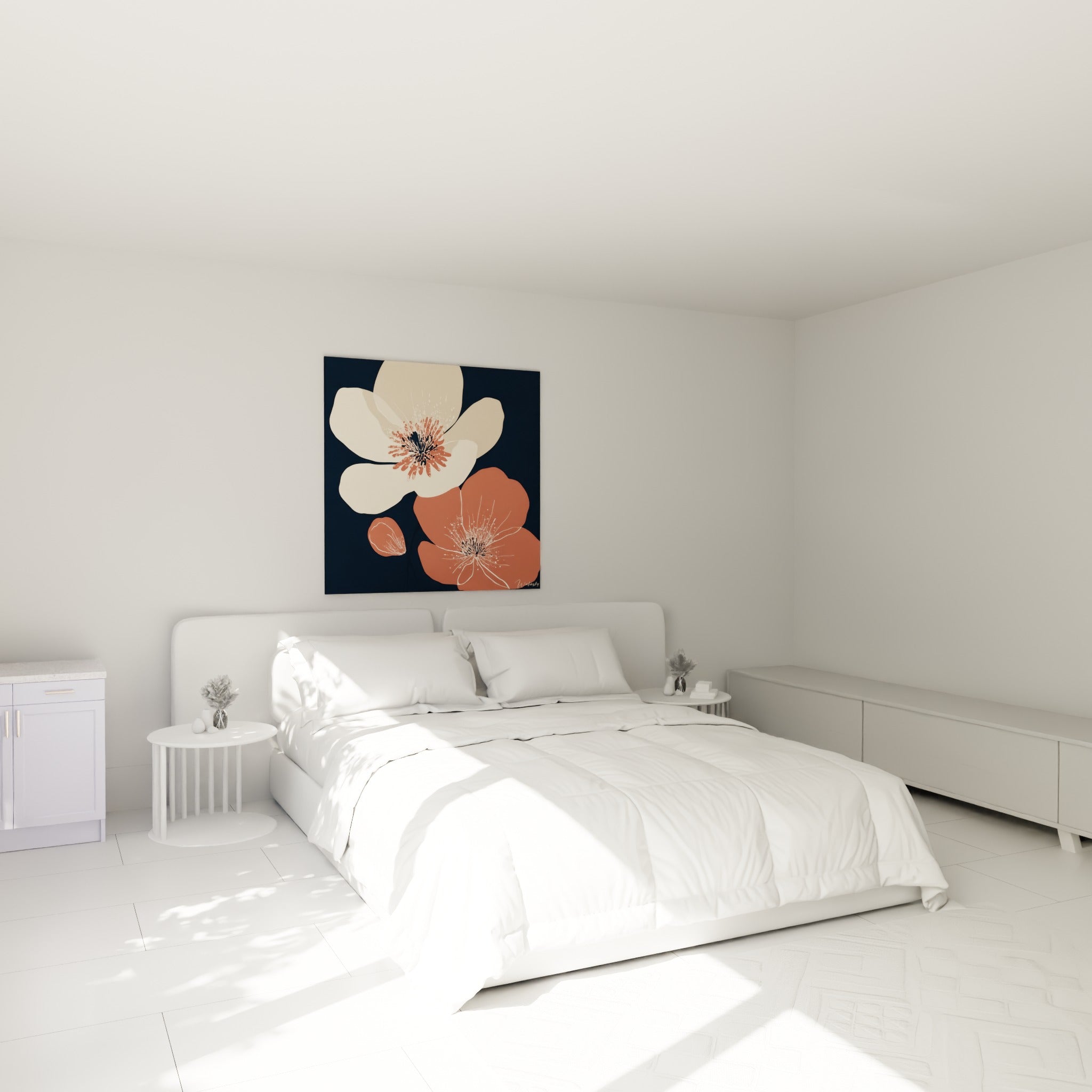 Coquelicots terracotta et crème sur fond marine, accrochés au-dessus d'un lit dans une chambre claire