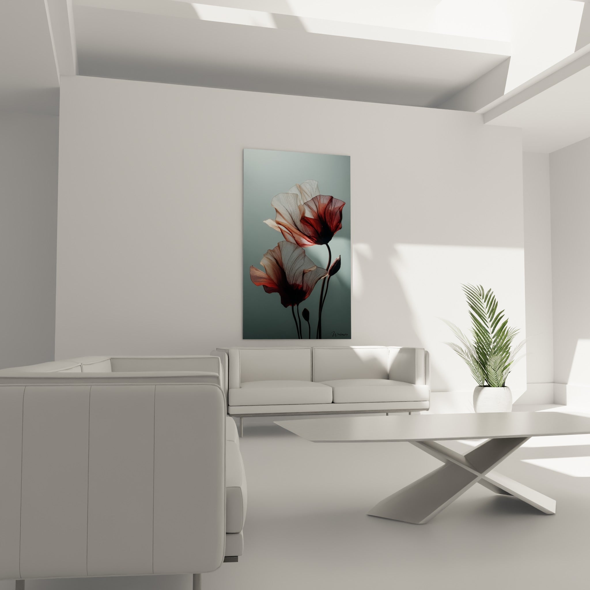 Pétales translucides bordeaux et gris déployés au-dessus d'un canapé dans un salon lumineux