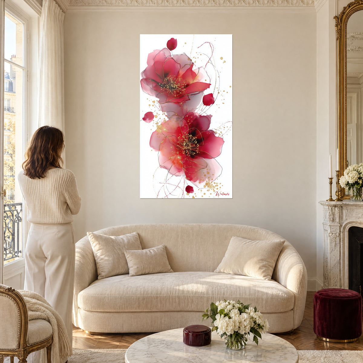 Schilderij met rode en roze klaprozen met gouden meeldraden, vrouw van achteren ervoor, boven een bank in een lichte woonkamer