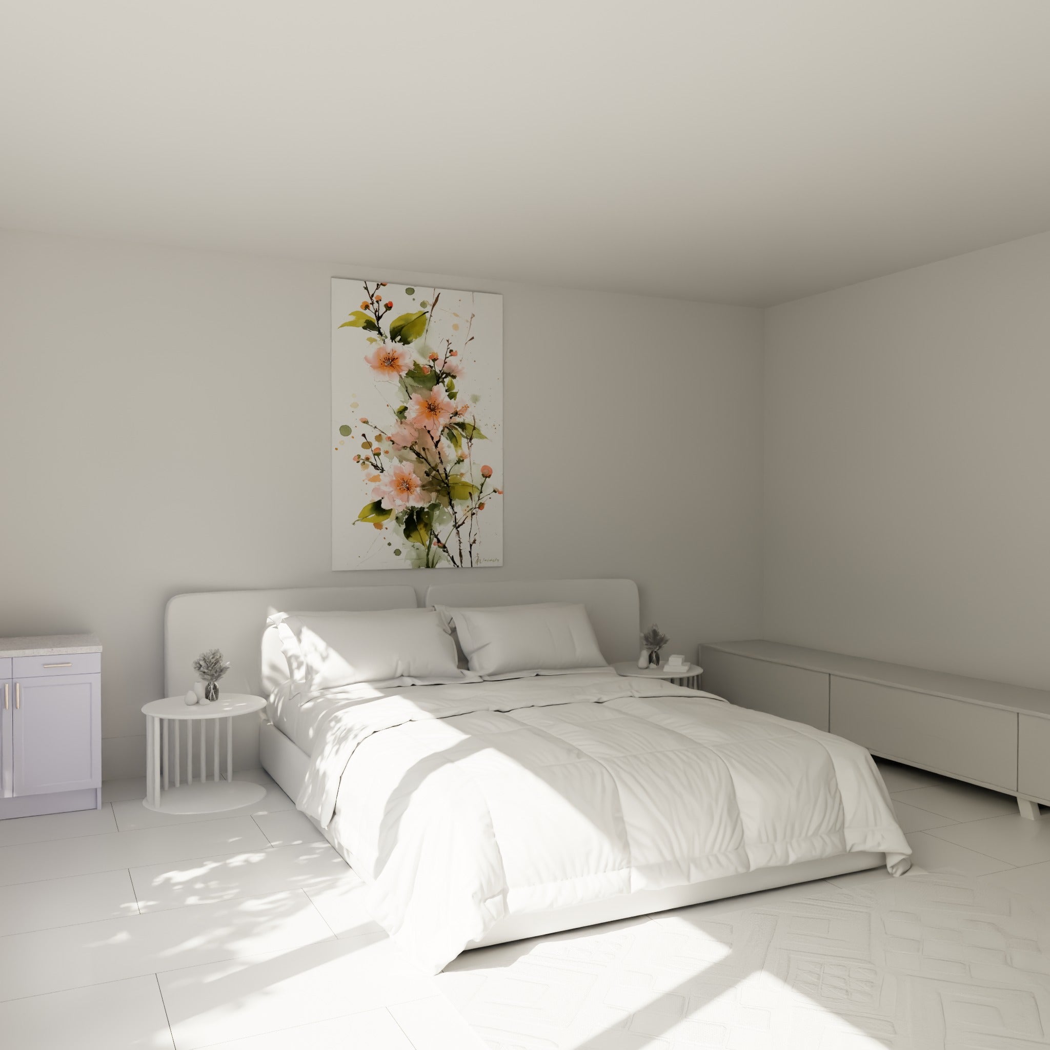 Fleurs rose pâle et feuillage vert olive en aquarelle accrochés au-dessus d'un lit dans une chambre claire