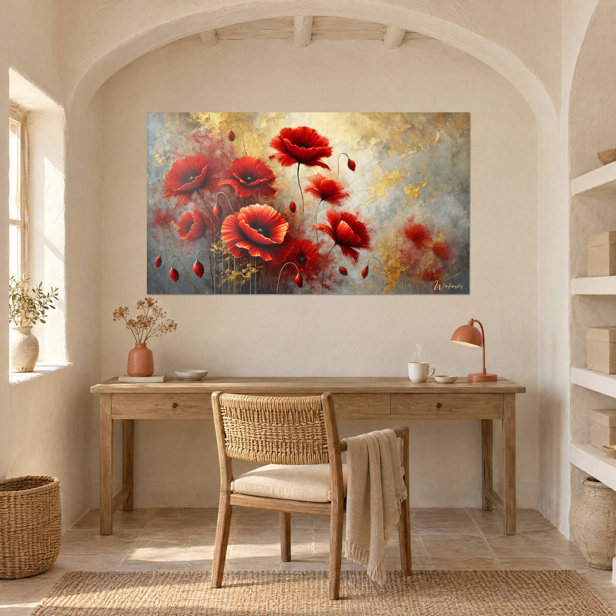 Schilderij met karmozijnrode klaprozen op grijze en gouden patina, opgehangen onder een boog, boven een bureau van licht hout