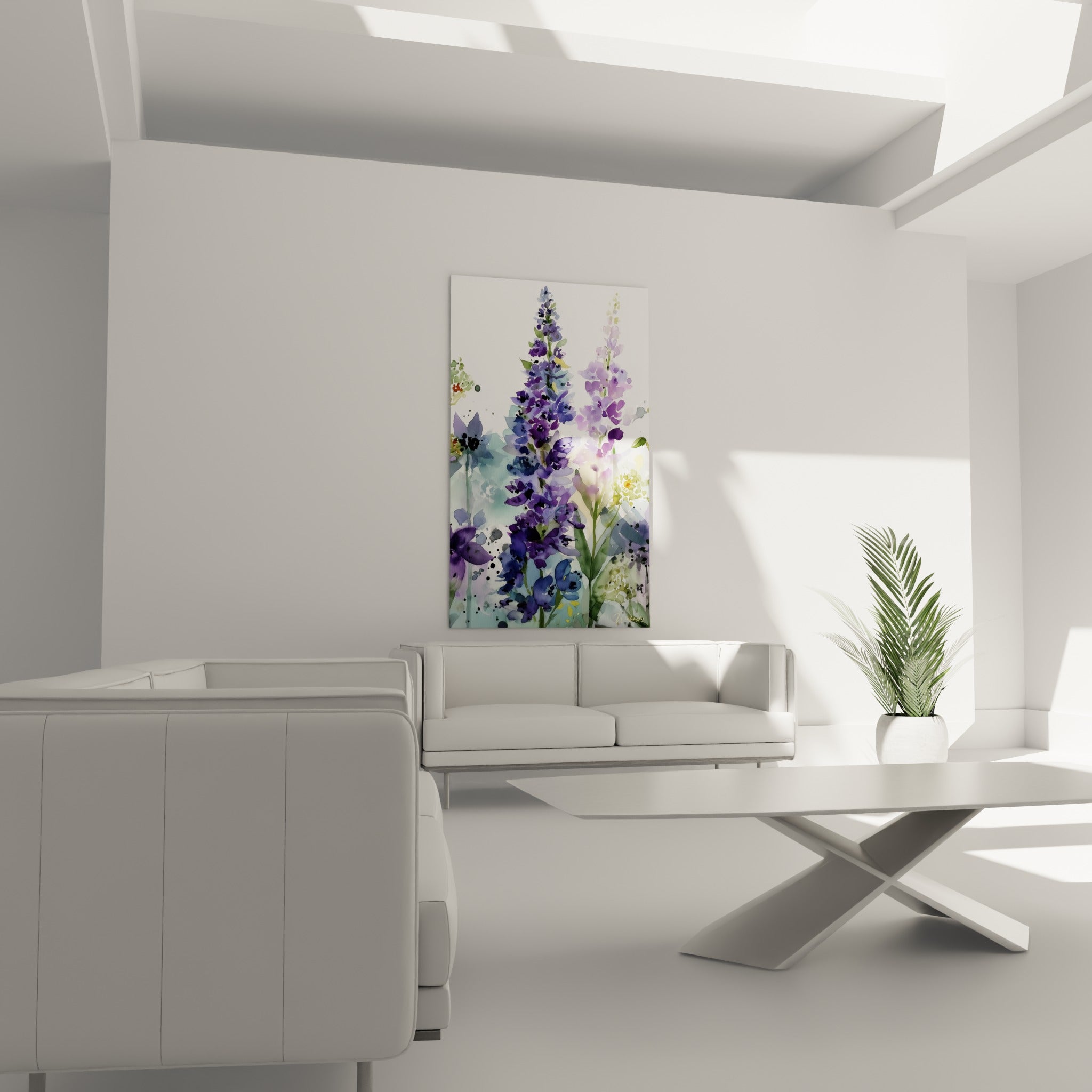 Grappes florales mauves et bleutées peintes à l'aquarelle, au-dessus d'un canapé dans un salon lumineux