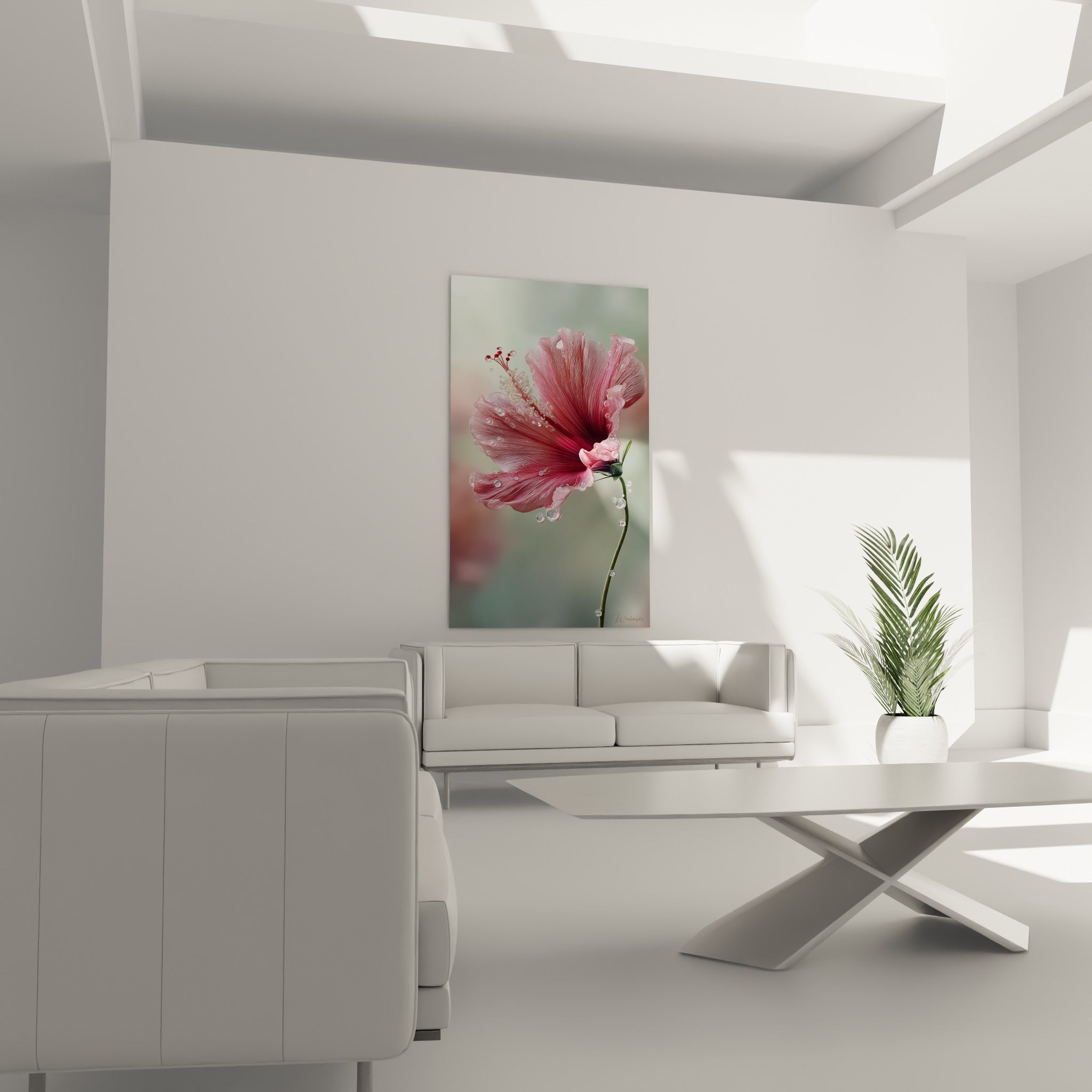 Fleur d'hibiscus rose et verte aux nervures fines suspendue au-dessus d'un canapé dans un salon lumineux