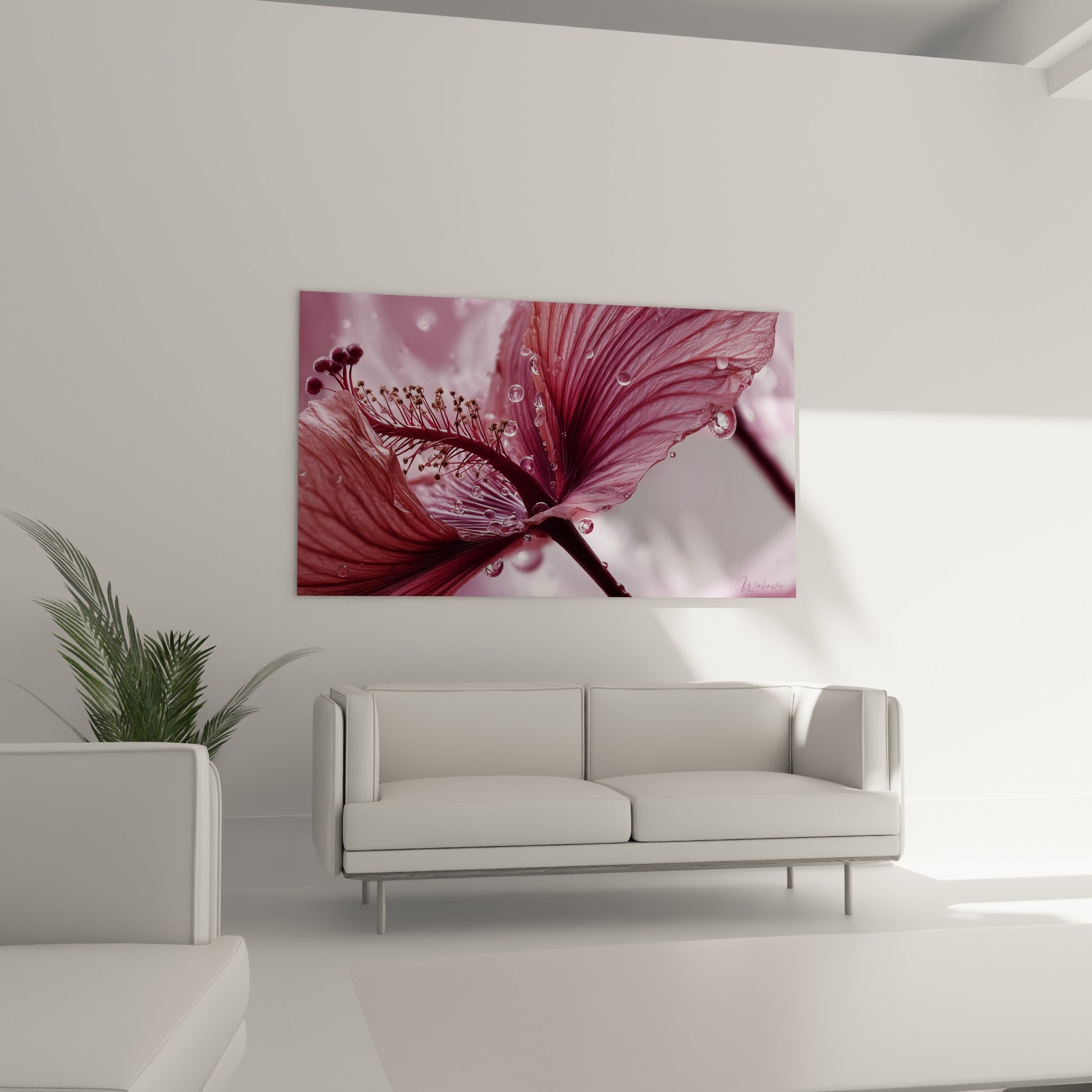 Fleur d'hibiscus bordeaux et rose déployée avec gouttes d'eau, au-dessus d'un canapé dans un salon lumineux