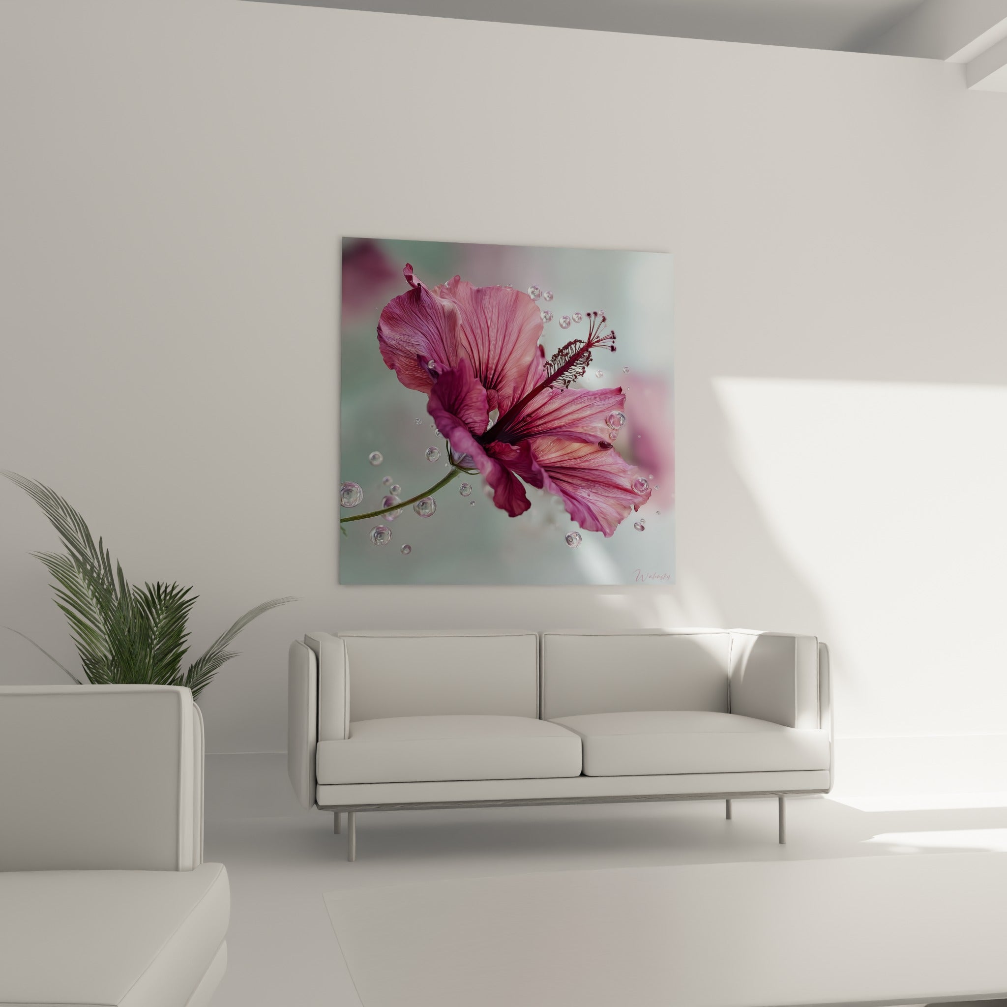 Fleur d'hibiscus rose vif et anthracite doux entourée de bulles translucides, au-dessus d'un canapé dans un salon lumineux