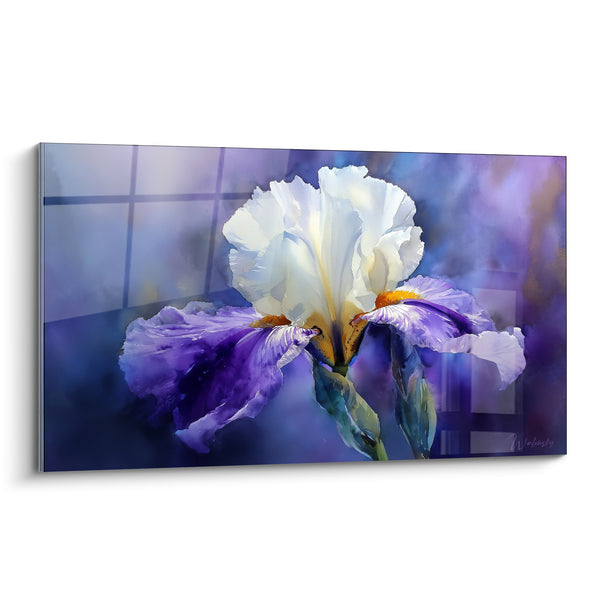 Tableau Iris blanc et violet aux pétales veloutés - Fond quadrillé translucide - Edition fleur nature