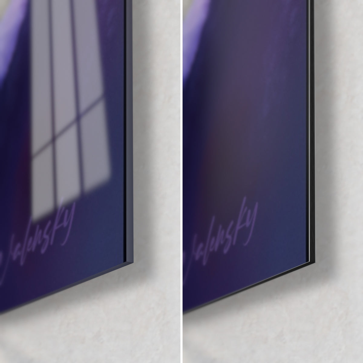 Quadro petalo d'iride viola e bianco, angolo in basso a destra: vetro acrilico lucido che riflette una finestra, alluminio Dibond opaco, bordo nero di 3 mm