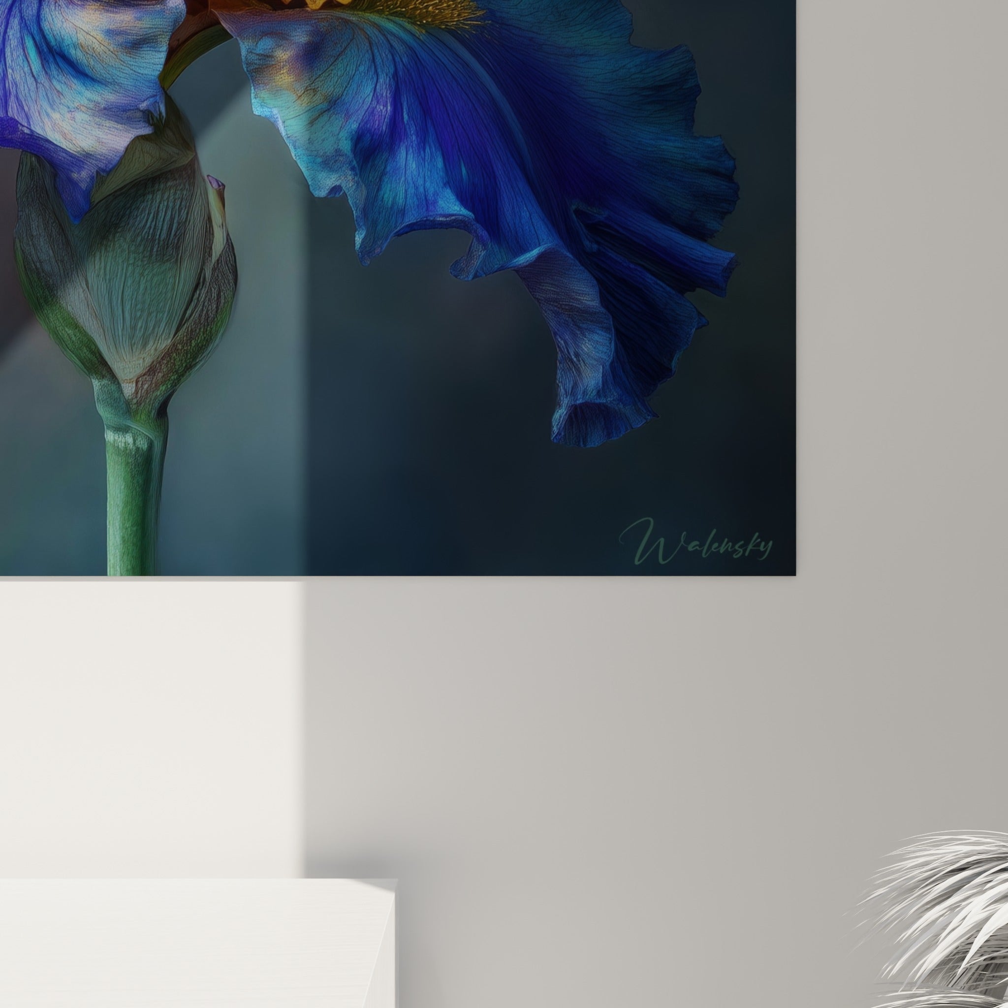 Grain et nuances de bleu pastel se mêlant au violet sur cet iris fleur nature, coulures dorées au cœur