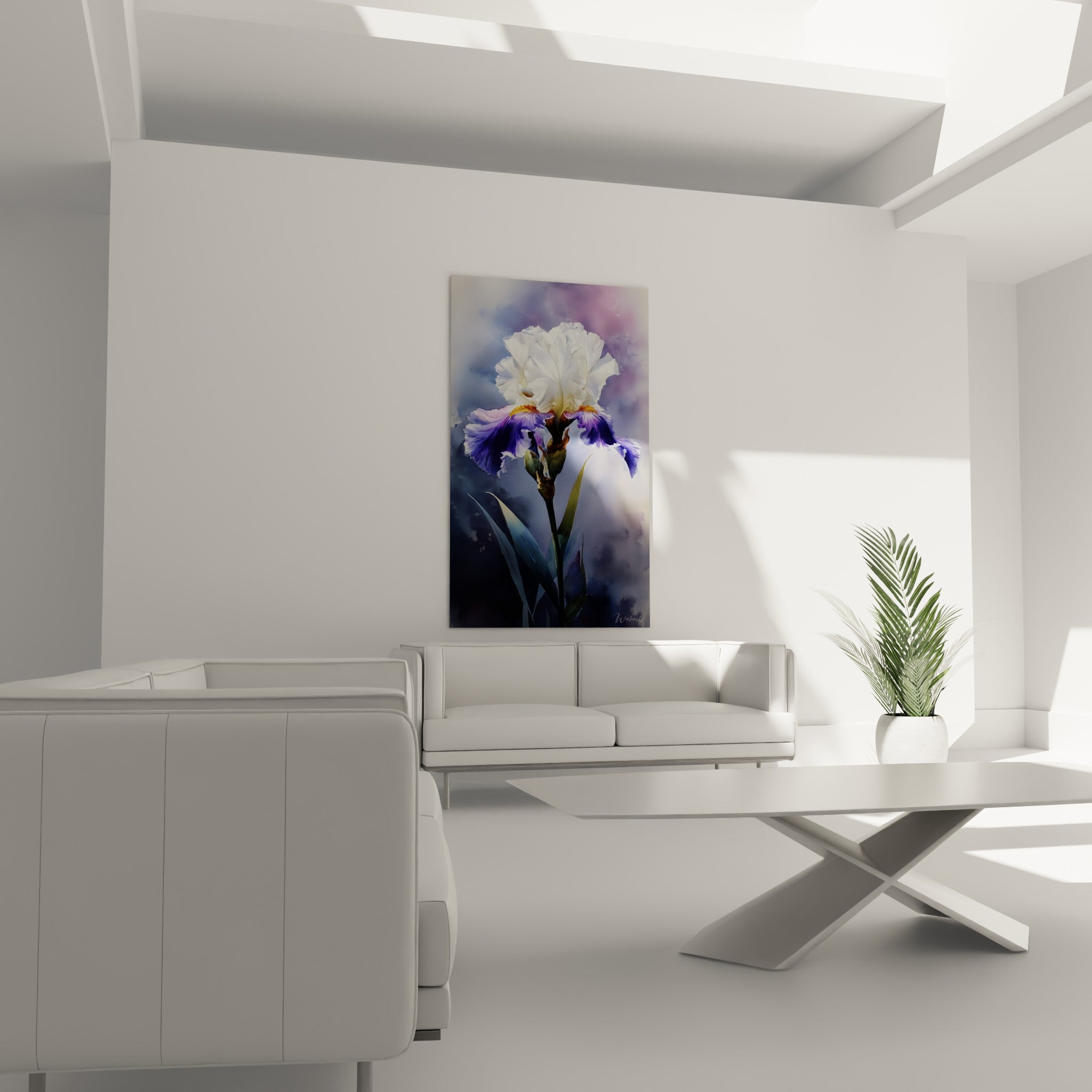 Pétales d'iris blancs et violets déployés en corolle, au-dessus d'un canapé dans un salon lumineux