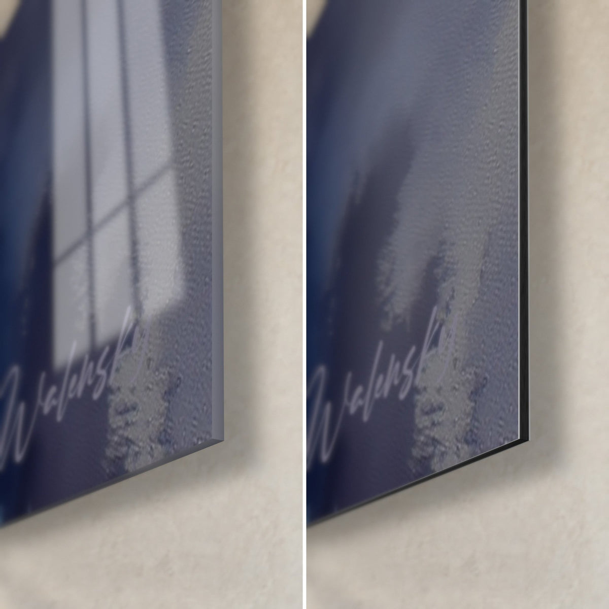 Quadro iris bianco e viola, angolo in basso a destra: vetro acrilico lucido con riflessi azzurrati, alluminio Dibond grigio opaco e spessore di 3 mm