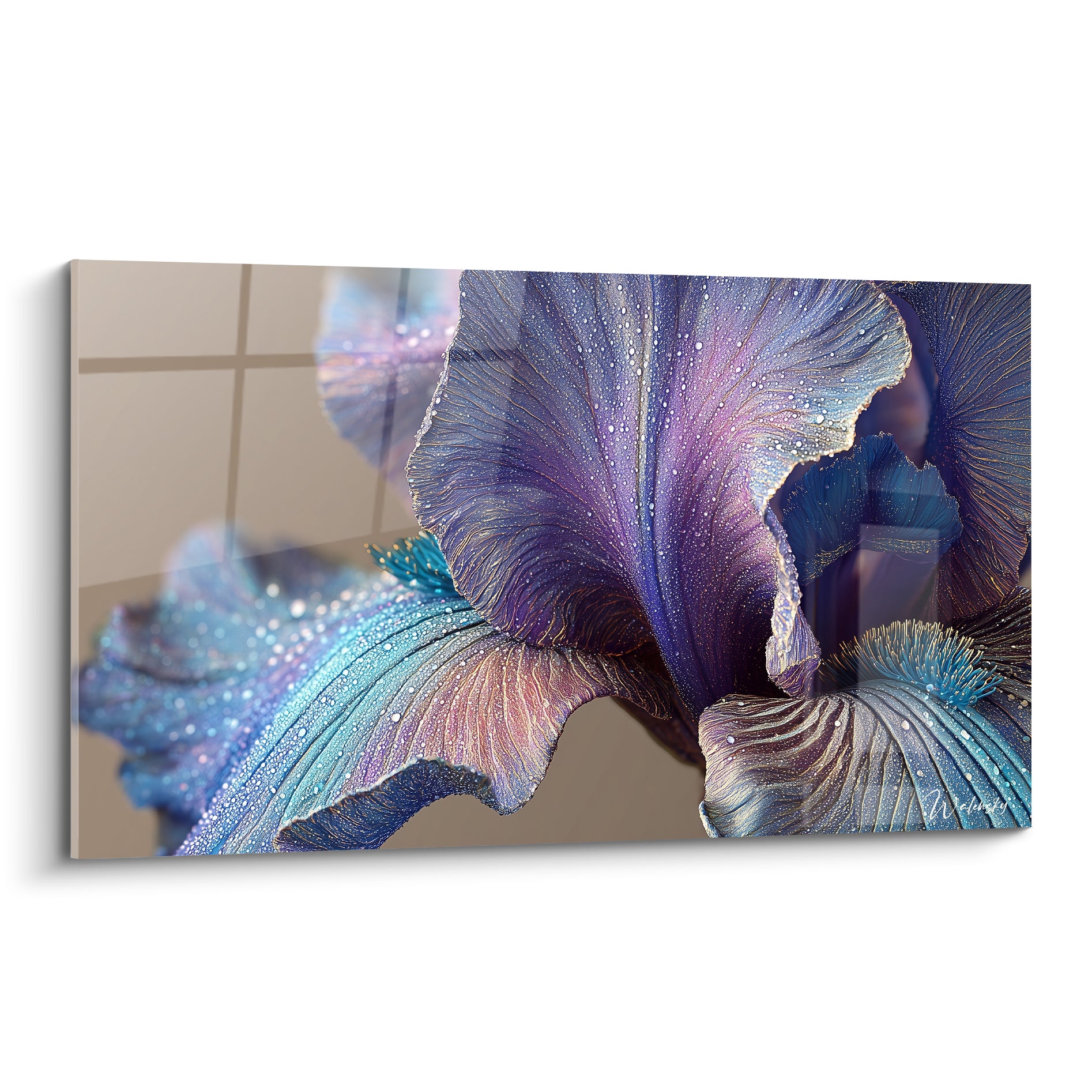 Iris violet et bleu pastel aux pétales perlés de rosée, gouttes lumineuses détaillées