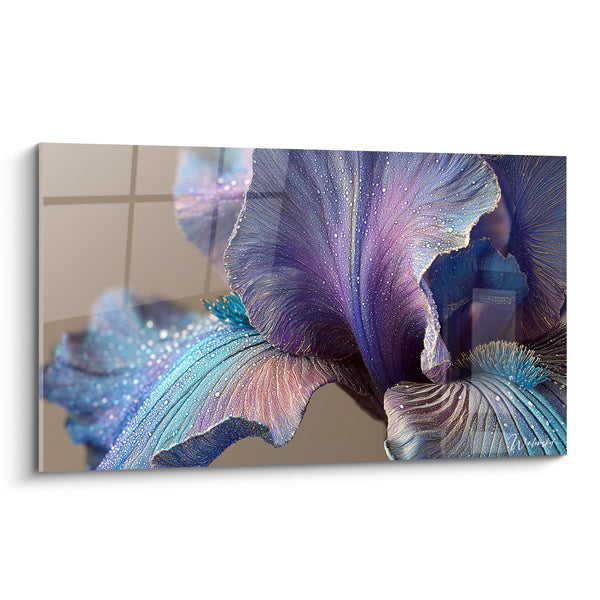 Tableau Iris violet et bleu couvert de gouttelettes - Nervures argentées scintillantes - Edition fleur nature