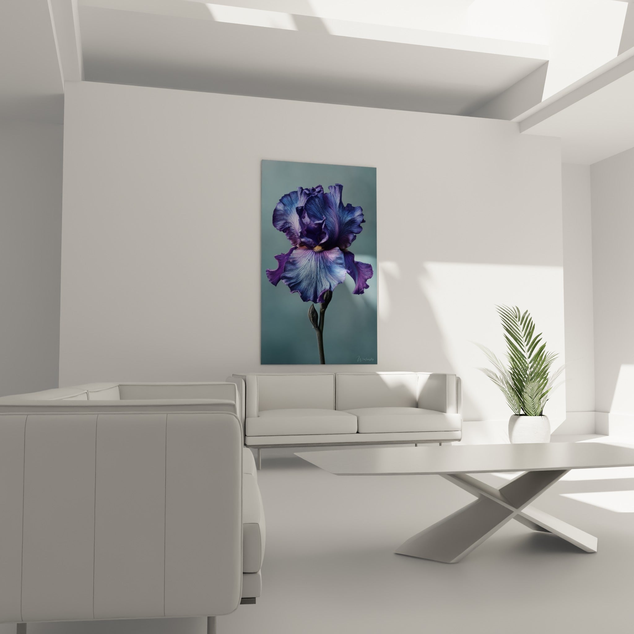 Pétales d'iris violets et bleutés au-dessus d'un canapé dans un salon lumineux.