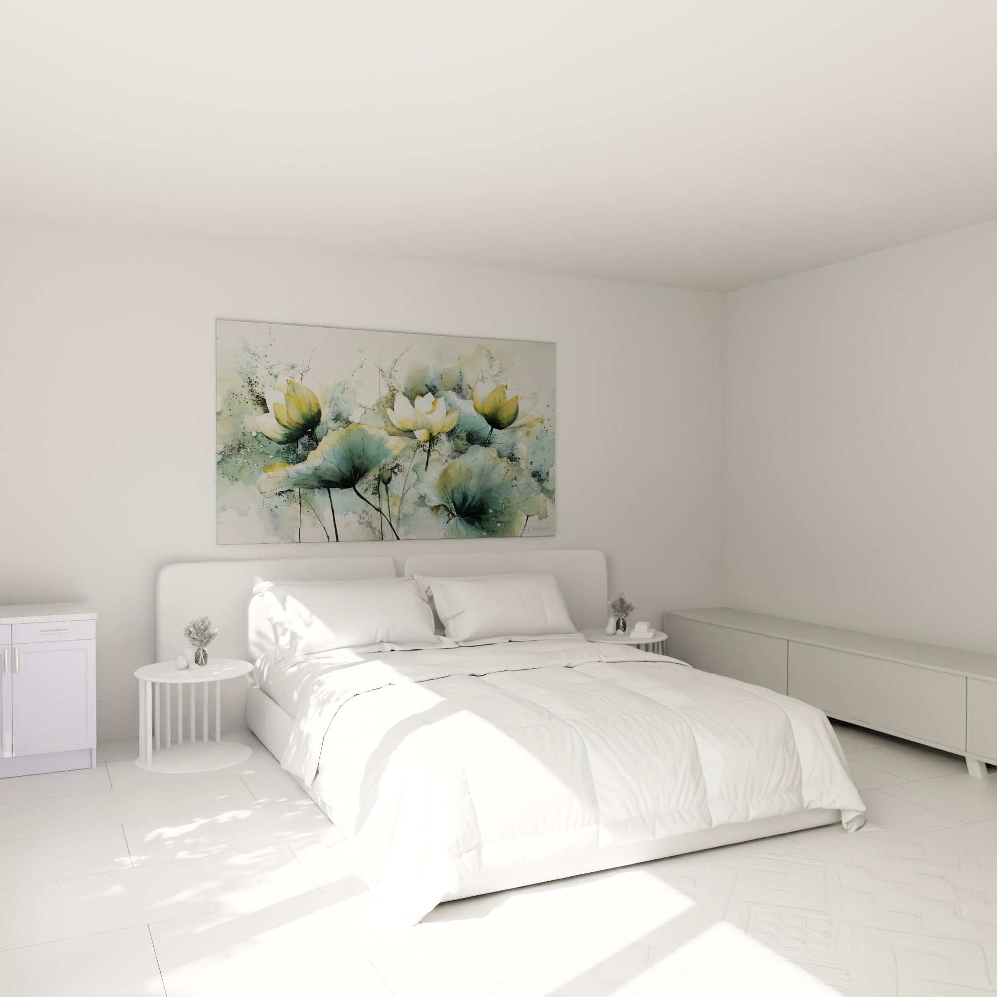 Fleurs de lotus dorées et feuilles anthracite peintes à l'aquarelle, au-dessus d'un lit dans une chambre claire