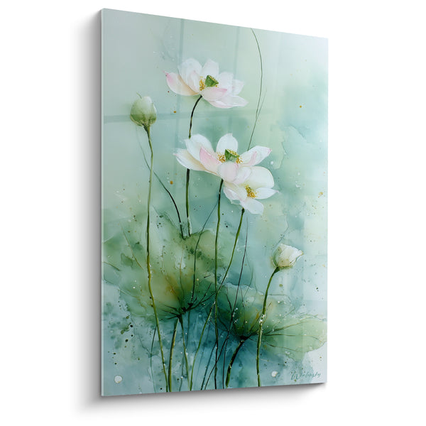 Tableau Fleurs de lotus blanches et vertes aquarelle - Brume matinale au bassin - Edition fleur nature