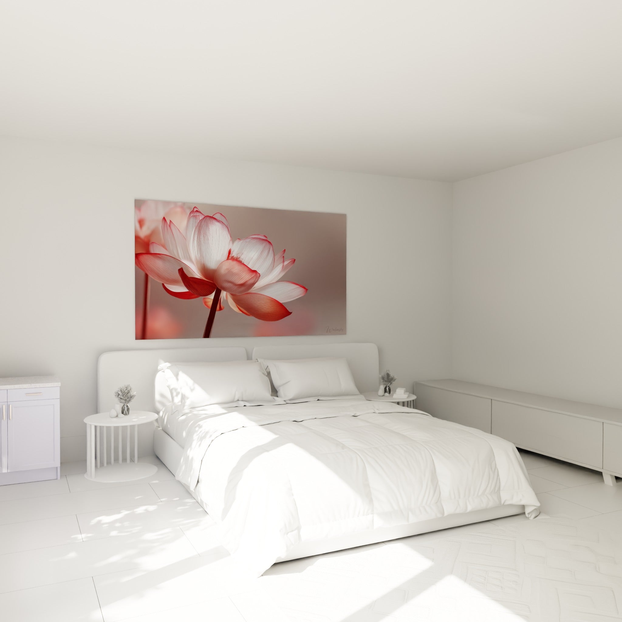 Pétales de lotus blanc et rouge translucides au-dessus d'un lit dans une chambre claire