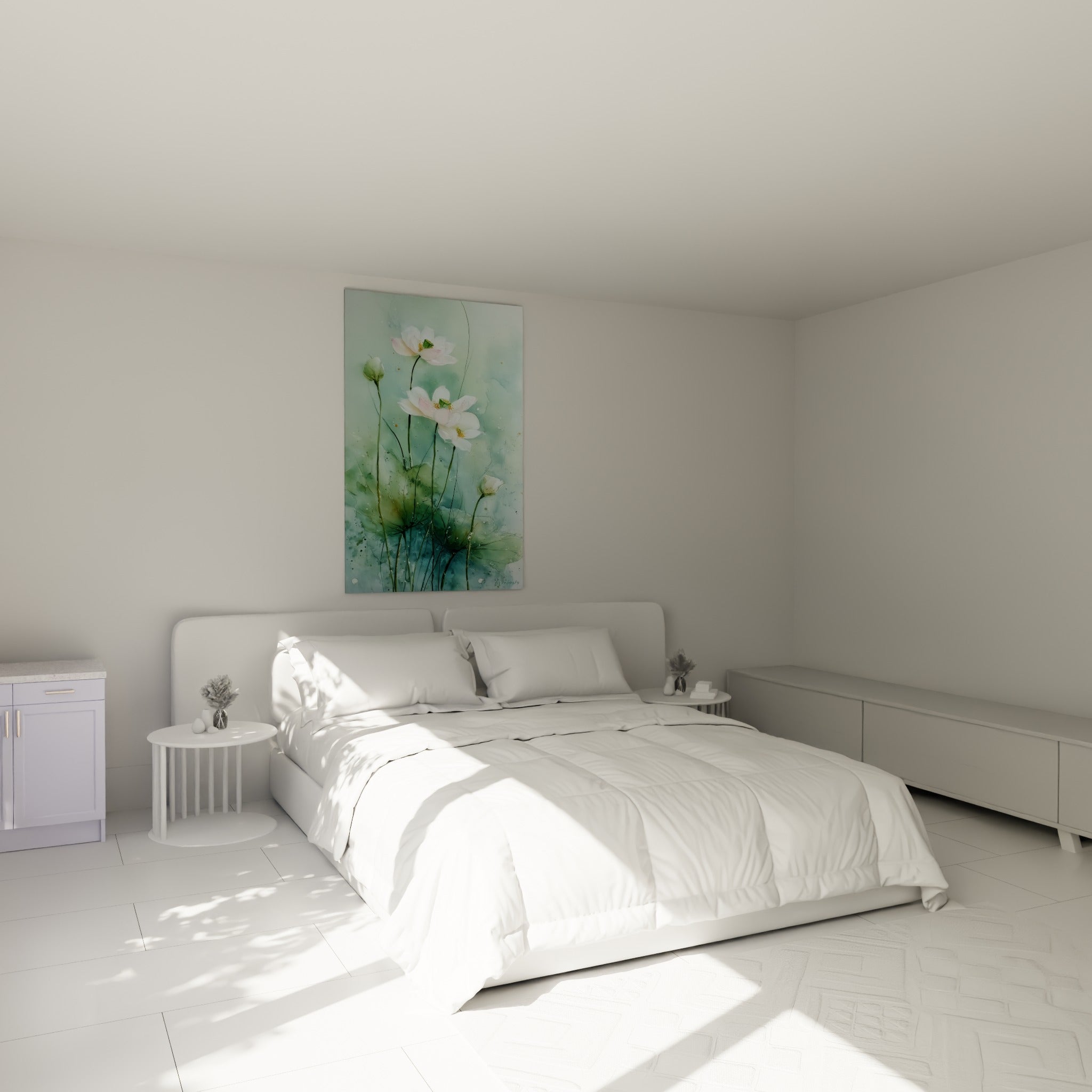 Lotus blancs et boutons verts peints en aquarelle au-dessus d'un lit dans une chambre claire