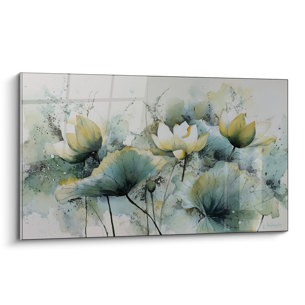 Tableau Nénuphars blanc et vert sauge aquarellés - Éveil sur l'étang - Edition fleur nature