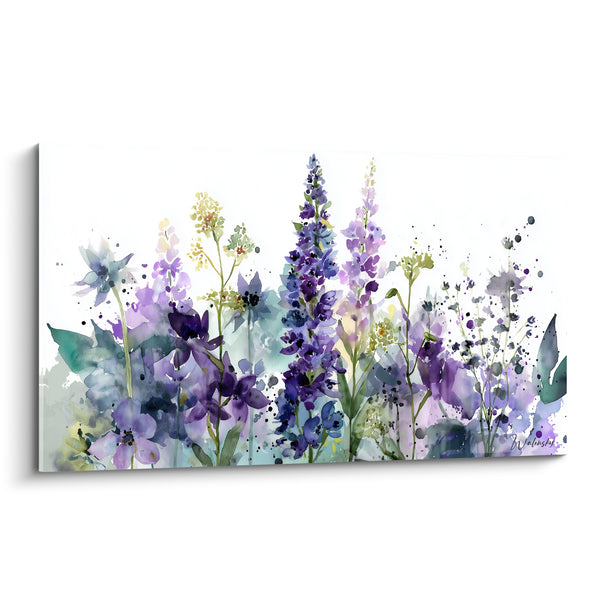 Tableau Lupins violets aux éclaboussures d'aquarelle - Jardin sauvage éveillé - Edition fleur nature