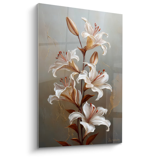 Tableau Lys blanc et brun aux boutons fuselés - Tige unique verticale - Edition fleur nature
