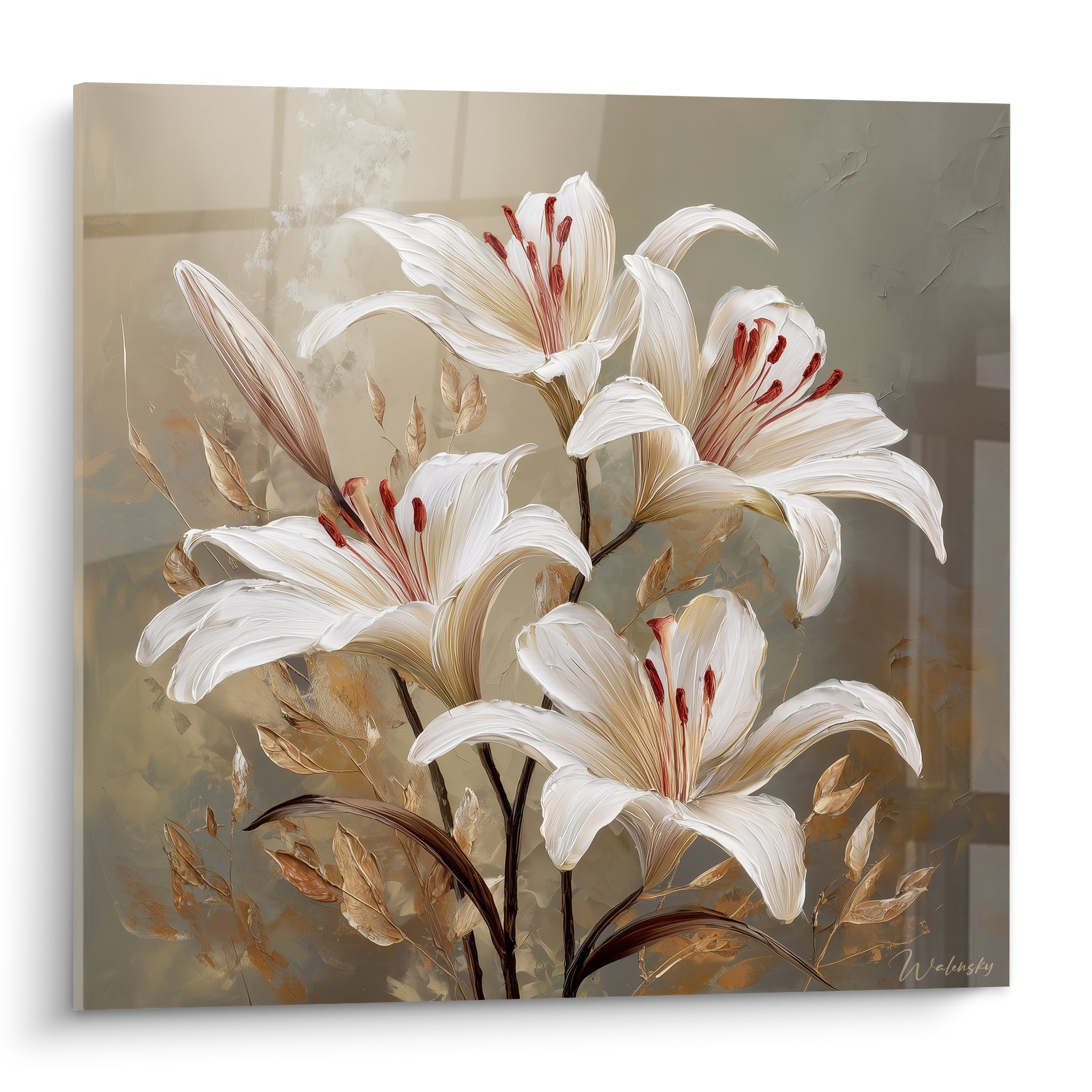 Lys blancs aux étamines rouges peints en gros plan sur fond taupe et ocre texturé