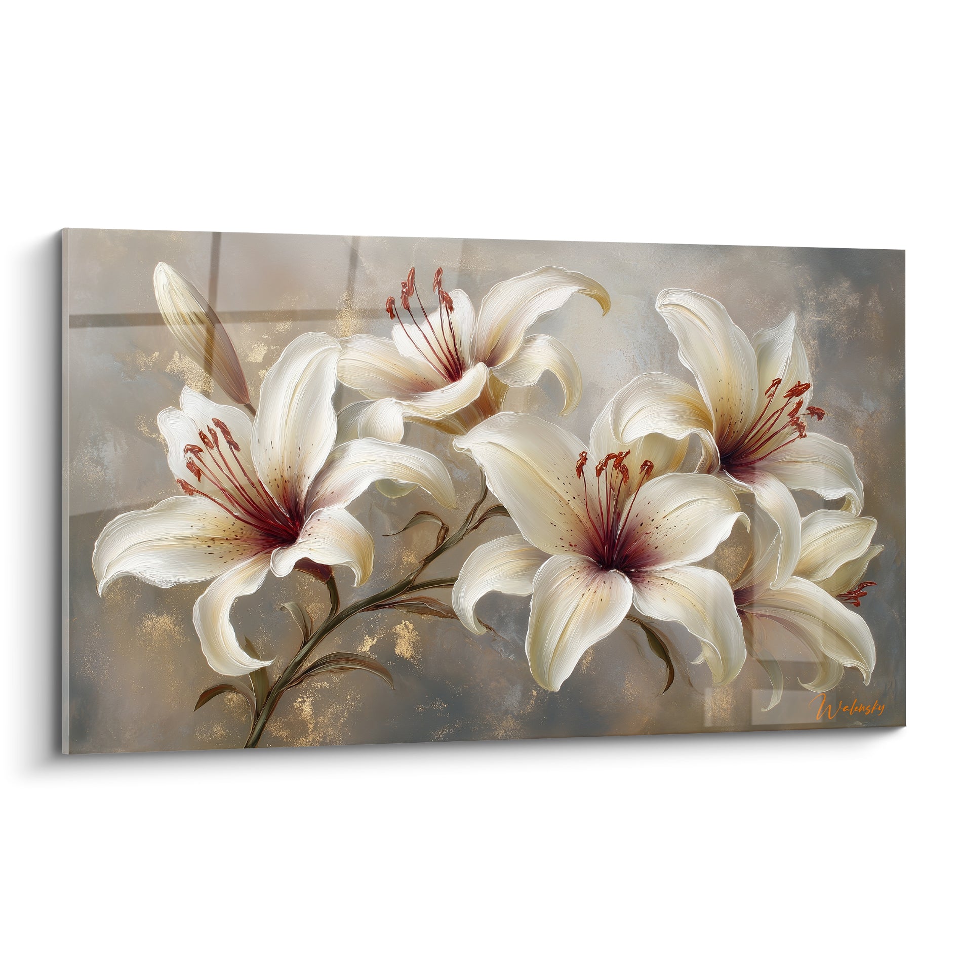 Lys blancs aux cœurs pourpres et fond taupe doré, composition florale peinte à l'aspect délicat