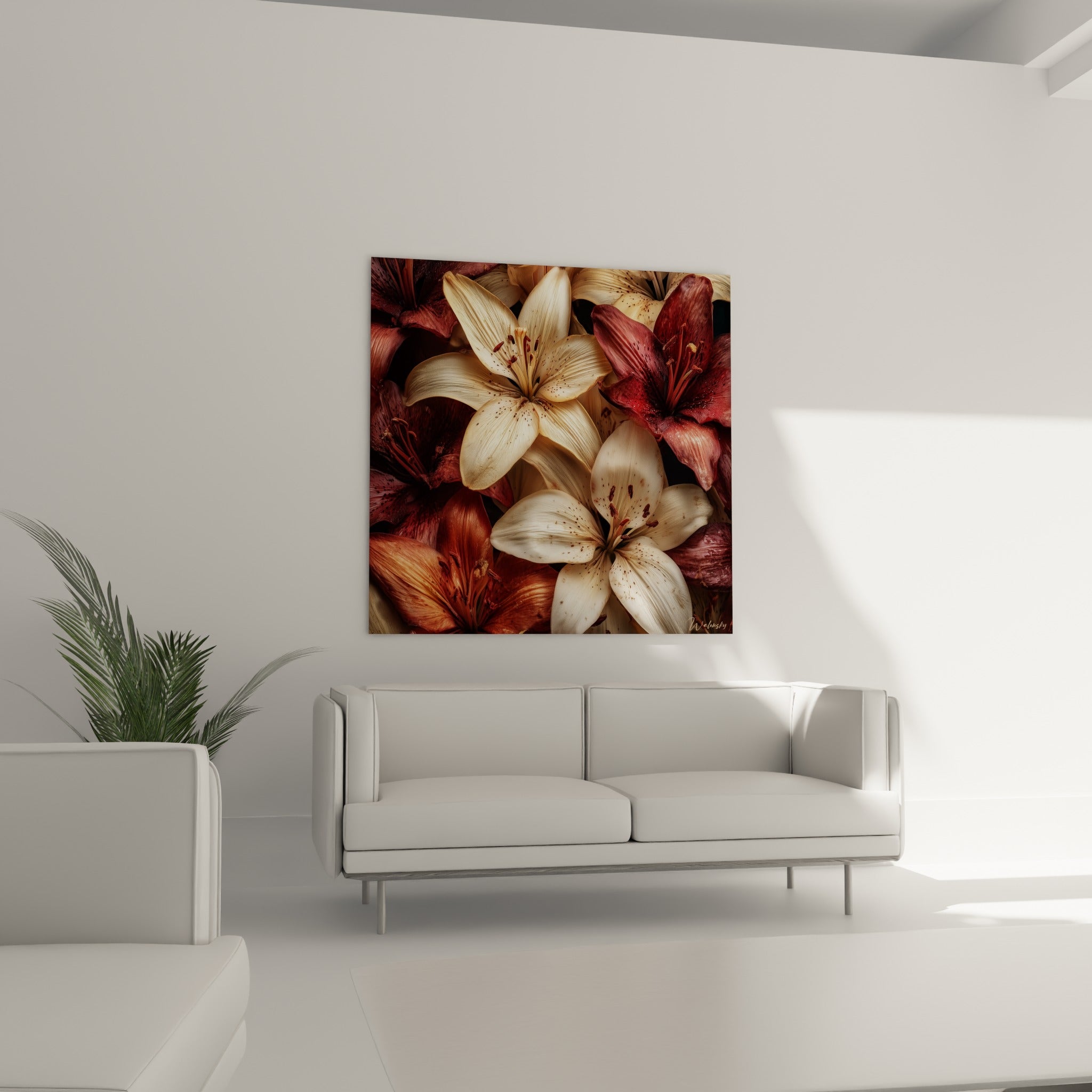 Pétales de lys fleur nature bordeaux et ivoire au-dessus d'un canapé dans un salon lumineux