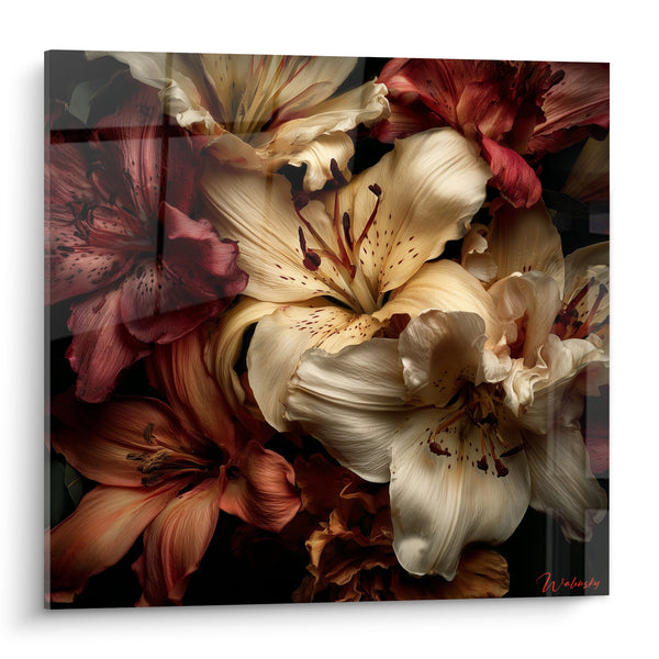 Tableau Lys crème et bordeaux aux étamines pourpres - Splendeur baroque - Edition fleur nature