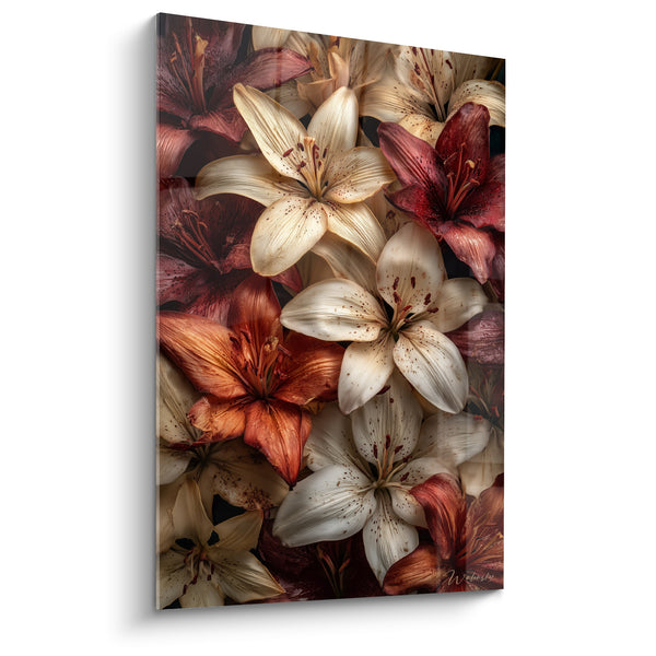 Tableau Lys ivoire et bordeaux moucheté - Éclosion foisonnante - Edition fleur nature