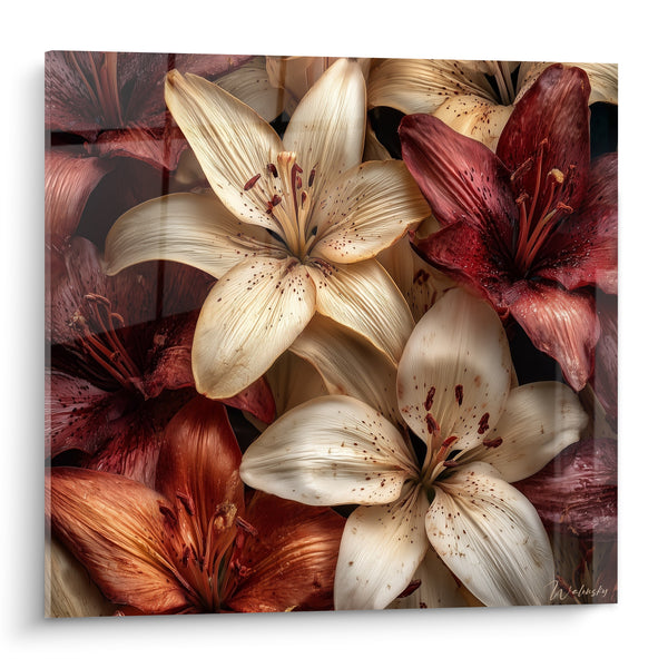 Quadri Lys Avorio e Borgogna con Petali Maculati - Splendore Svanito - Edizione Fiore Natura