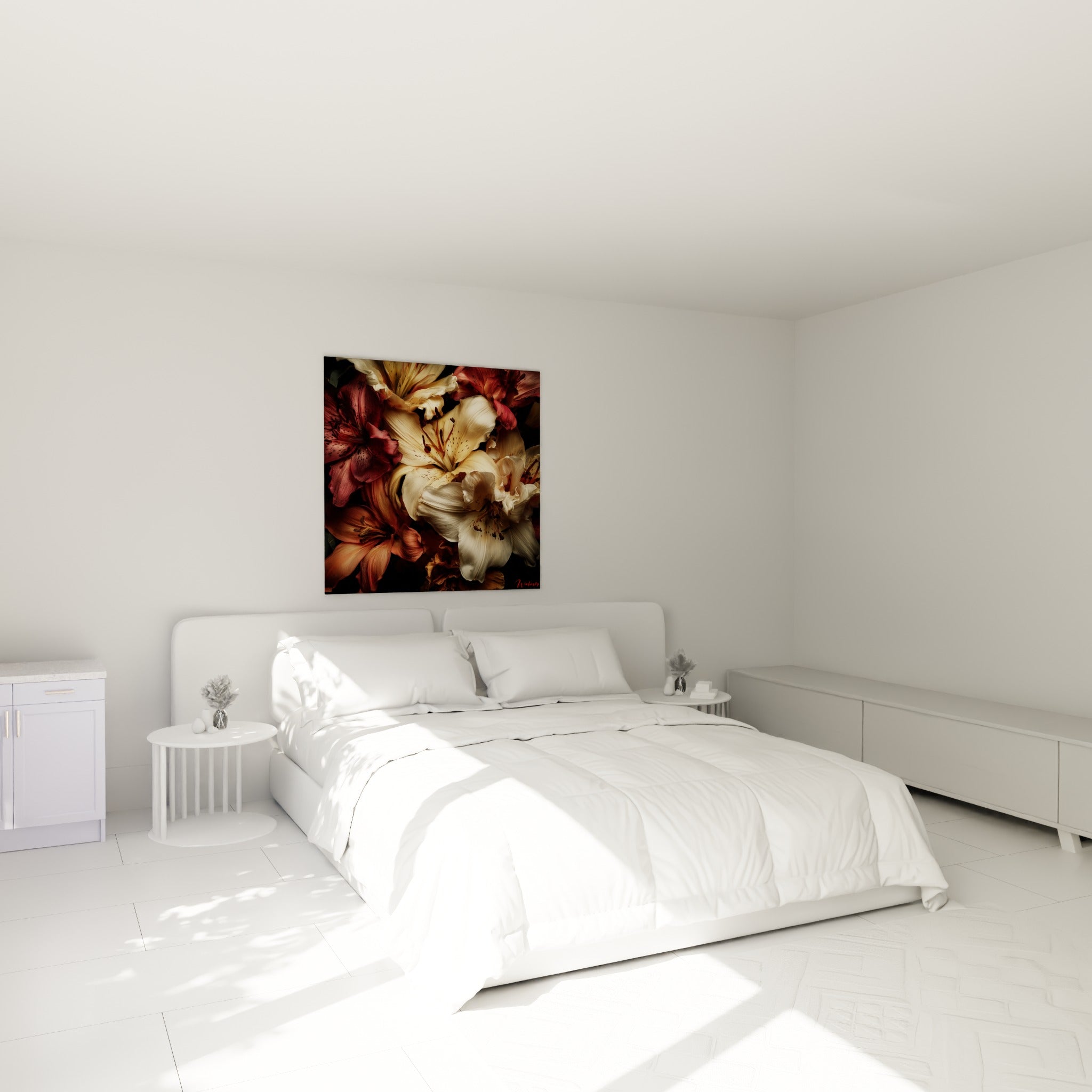 Lys ivoire et terracotta déployés au-dessus d'un lit dans une chambre claire