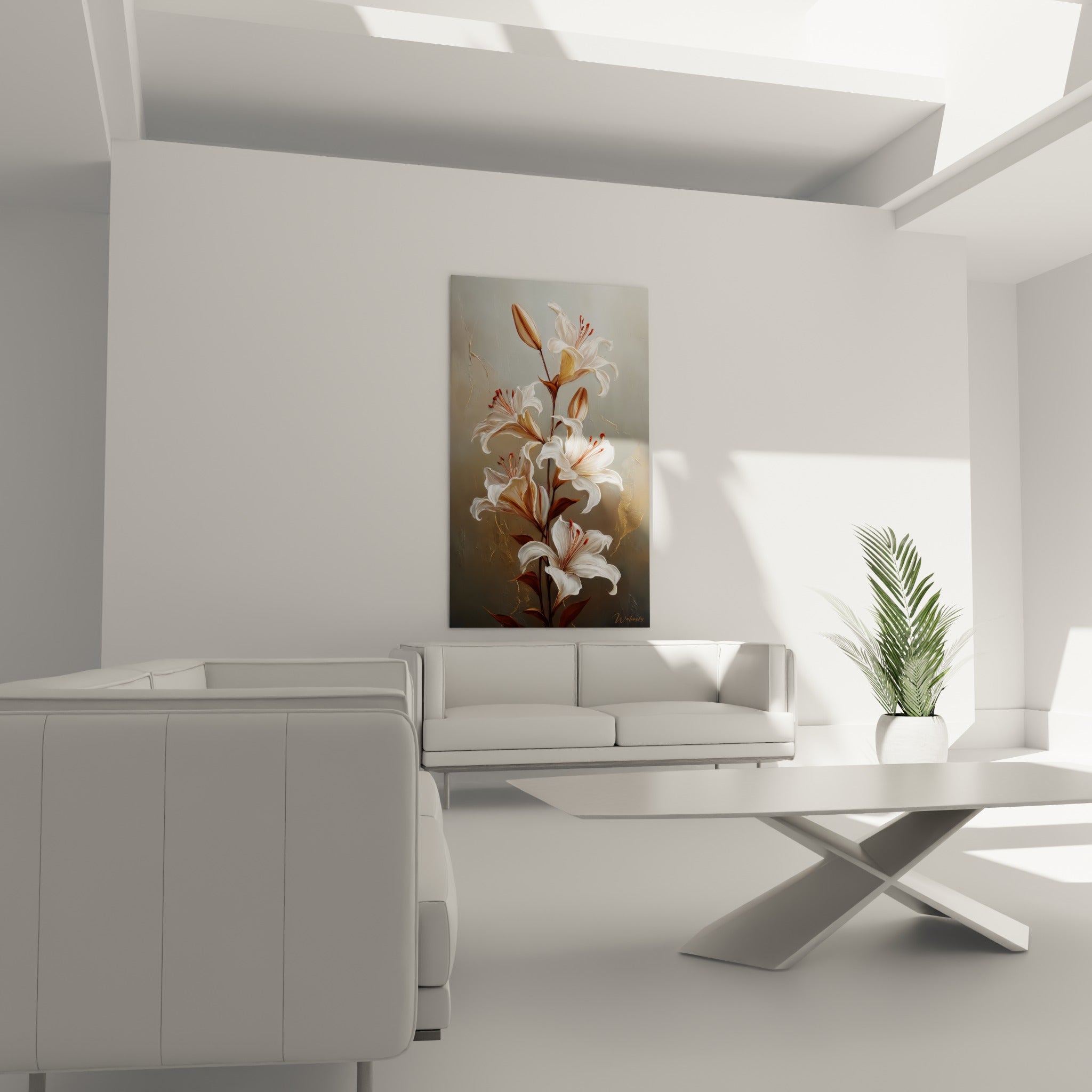 Fleurs de lys ivoire et boutons dorés surplombant un canapé dans un salon lumineux