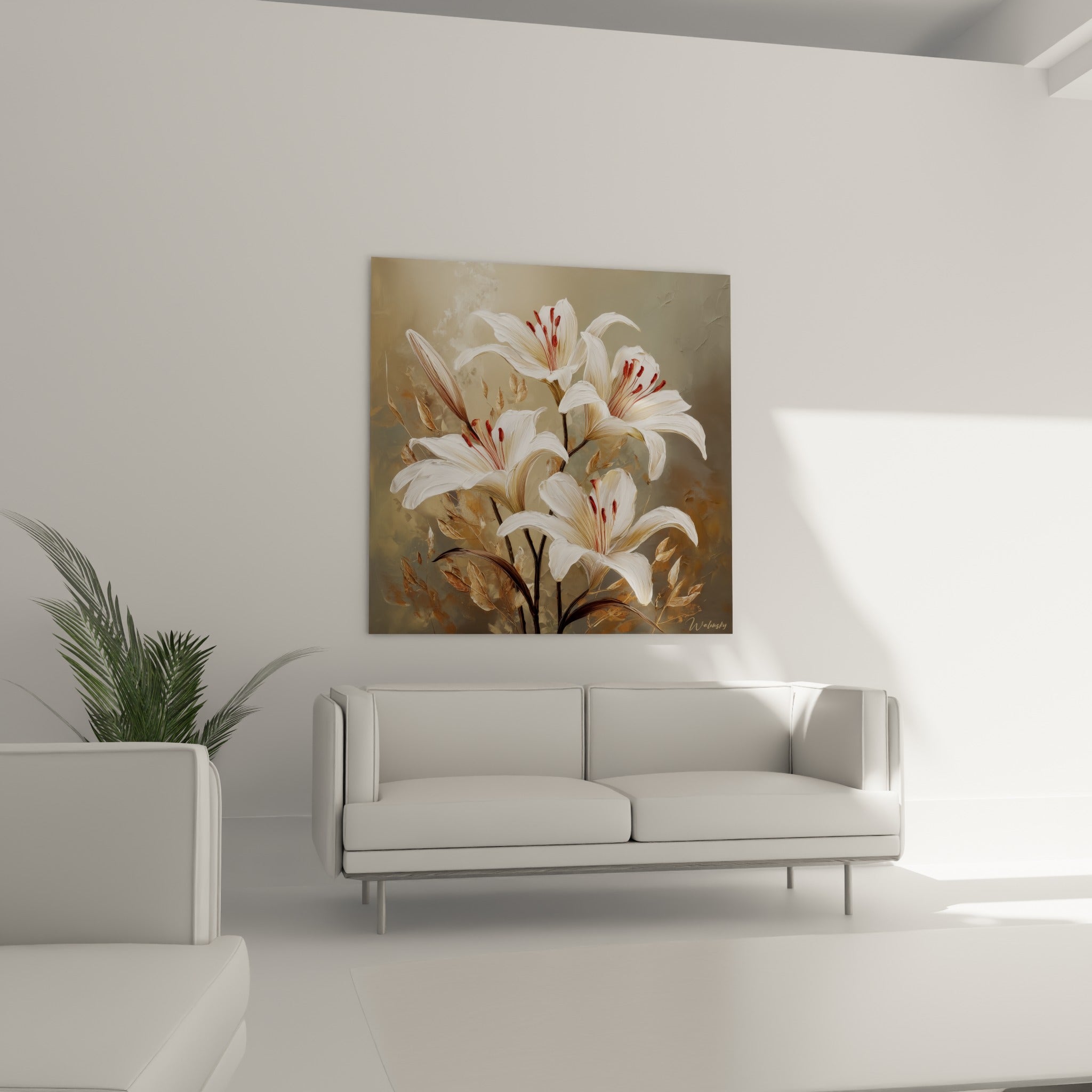 Fleurs de lys blanches et dorées suspendues au-dessus d'un canapé dans un salon lumineux