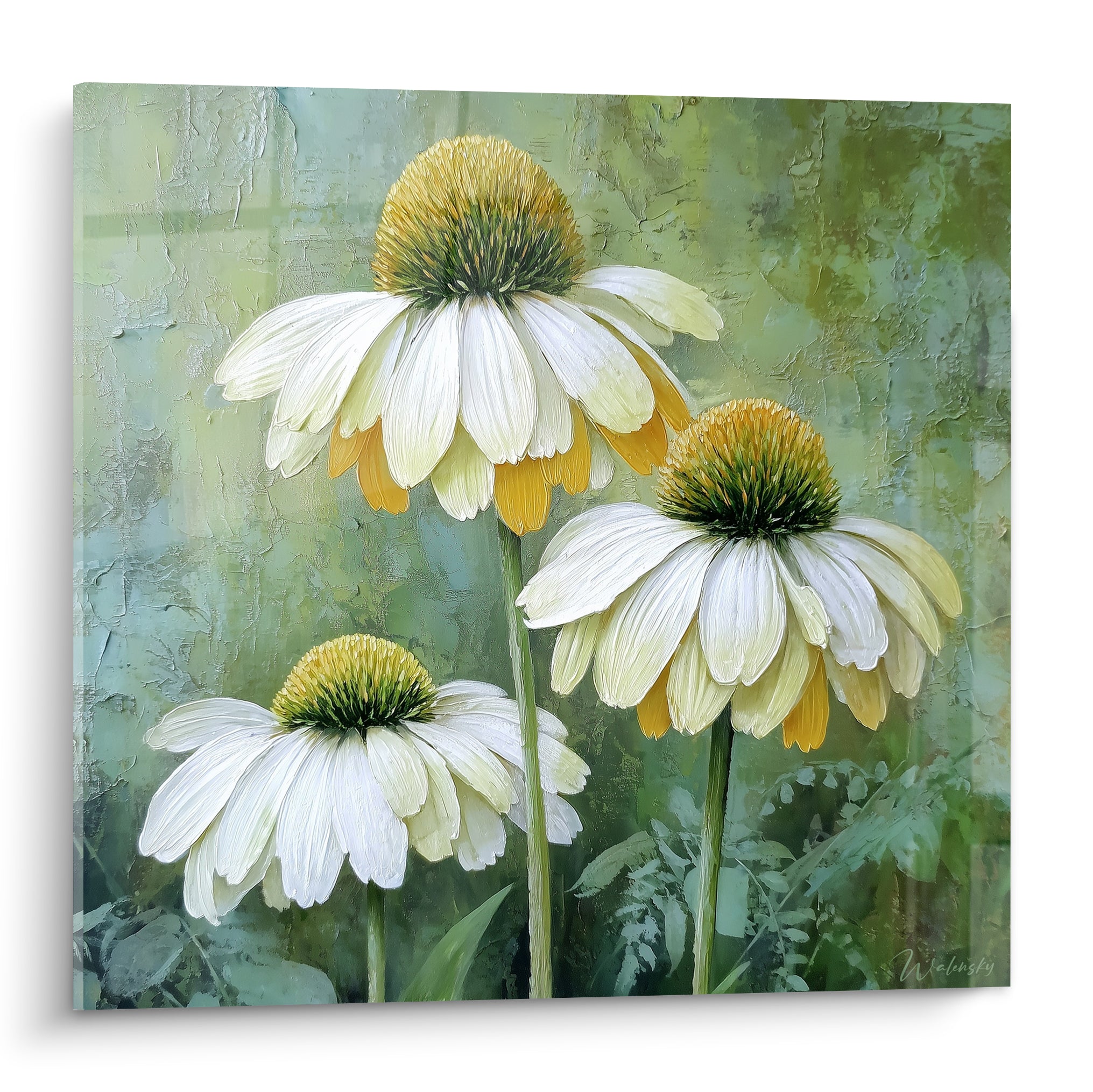 Trois marguerites blanches aux cœurs dorés peintes en relief sur fond vert sauge texturé