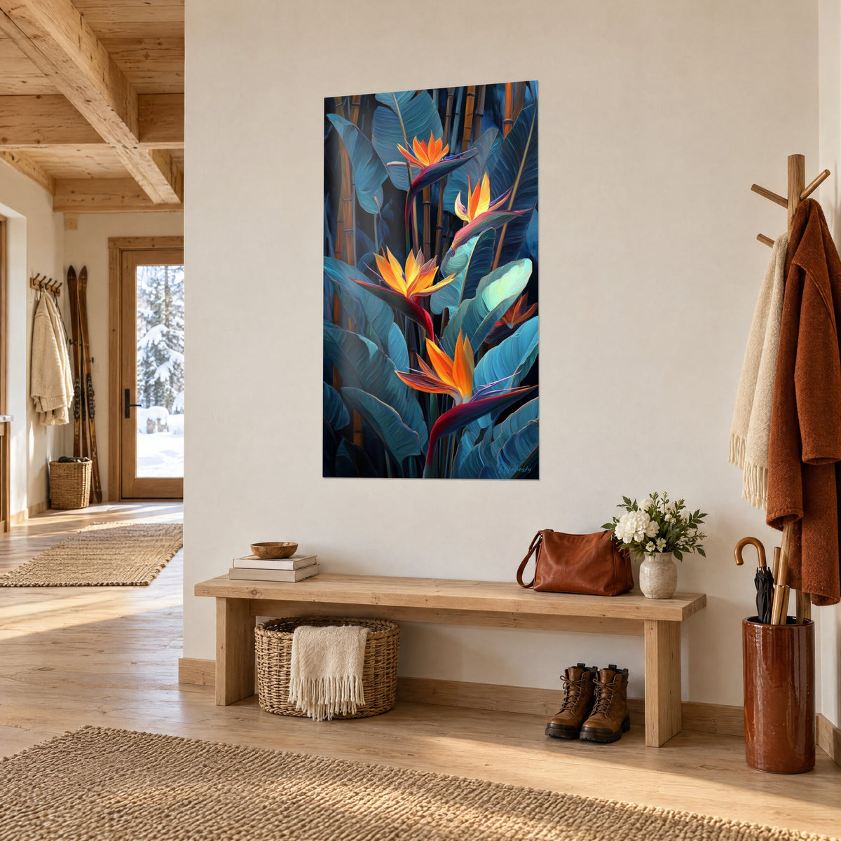 Quadro strelitzia fiammeggiante dai petali zafferano e viola, ampie foglie turchesi, vista di tre quarti in un ingresso in stile chalet