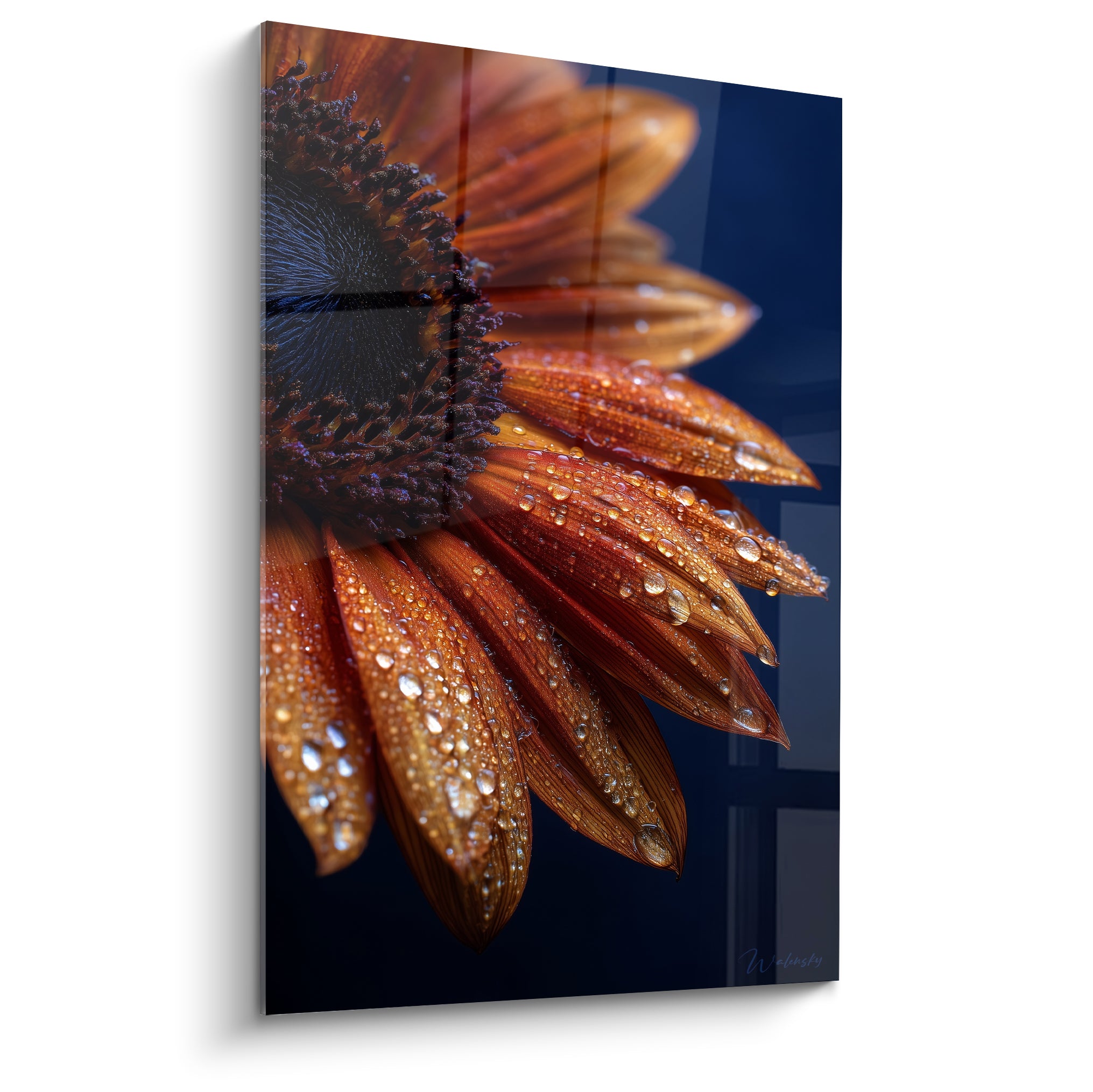 Pétales orangés et cuivrés d'une fleur nature couverts de gouttes sur fond bleu marine profond