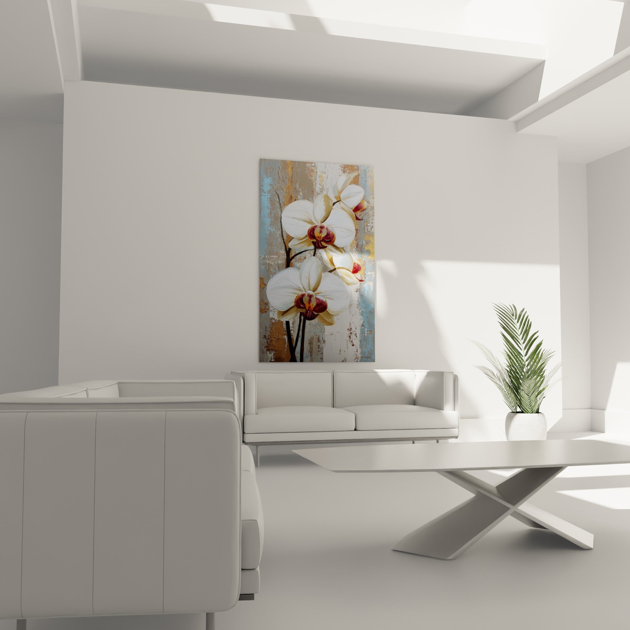 Pétales blancs et bordeaux d'orchidée accrochés au-dessus d'un canapé dans un salon lumineux
