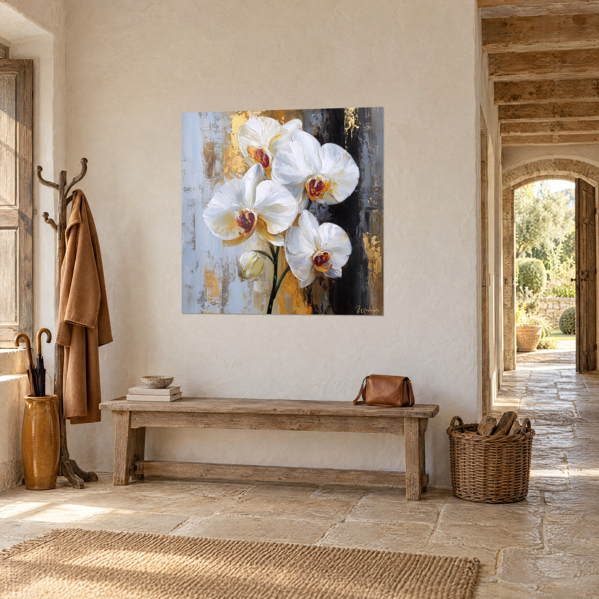 Schilderij parelmoerkleurige phalaenopsis-orchideeën in dik impastoverfwerk, zwarte en gouden achtergrond, romige ivoorkleurige bloemblaadjes, driekwart zicht naast een boog