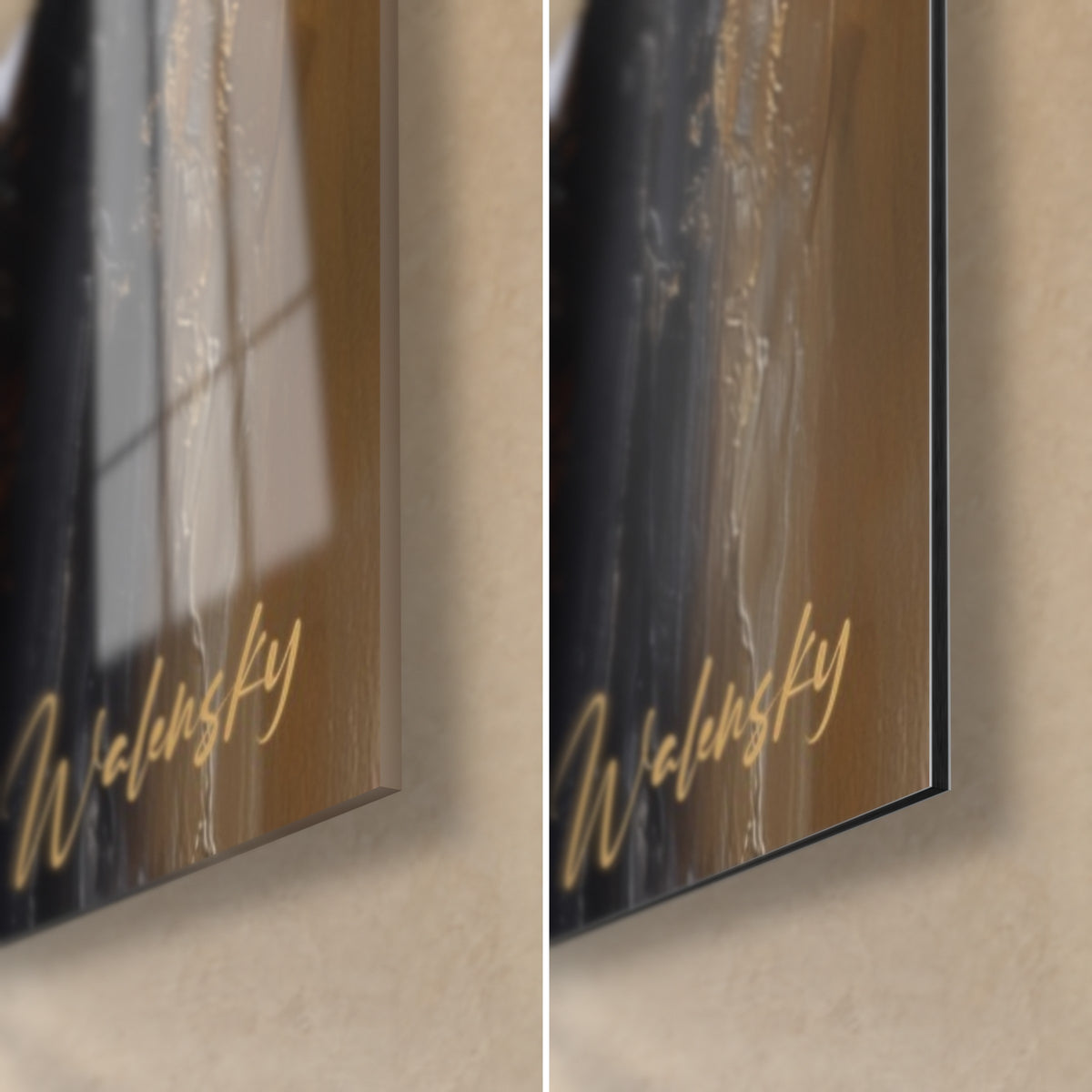 Schilderij witte orchidee, rechtsonder: glanzend acrylglas links, mat Dibond-aluminium rechts, 3 mm dikte