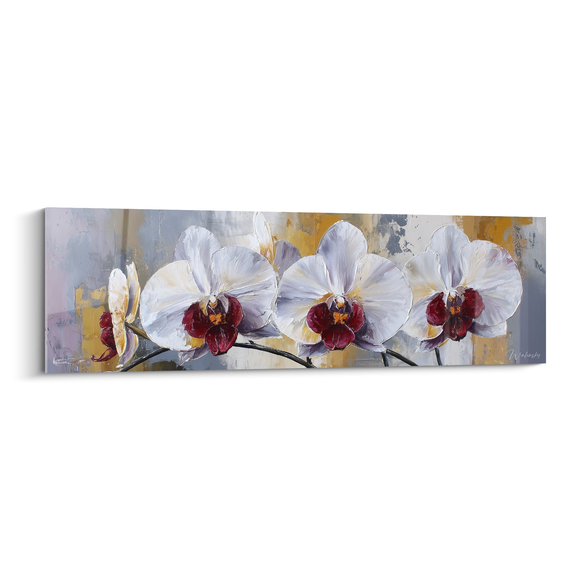Orchidées blanches aux cœurs bordeaux peintes en relief sur fond gris et doré patiné