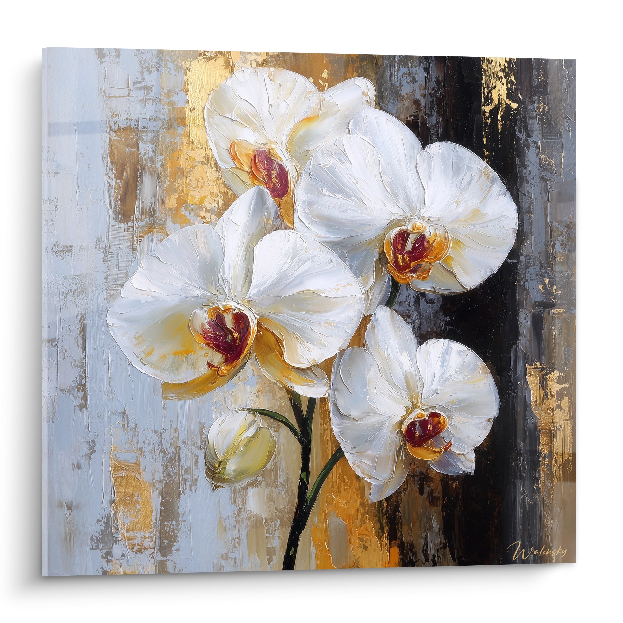 Orchidées blanches aux cœurs pourpres peintes en relief sur fond gris et doré anthracite