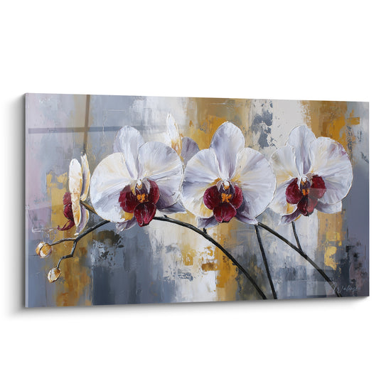 Orchidées blanches aux cœurs pourpres peintes en empâtements sur fond gris et doré abstrait