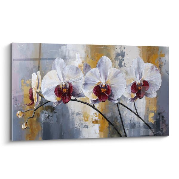 Tableau Orchidées blanches aux cœurs pourpres - Grâce suspendue - Edition fleur nature