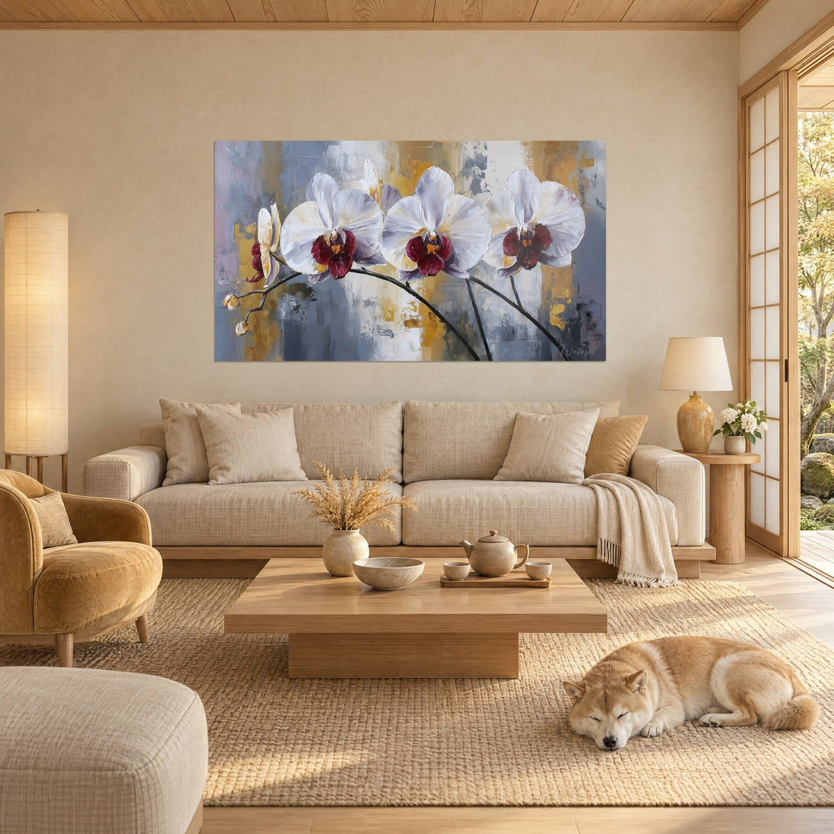 Wall art white orchids with purple hearts, thick impasto petals on grey and ochre background, sleeping Shiba above a sofa in a bright living room