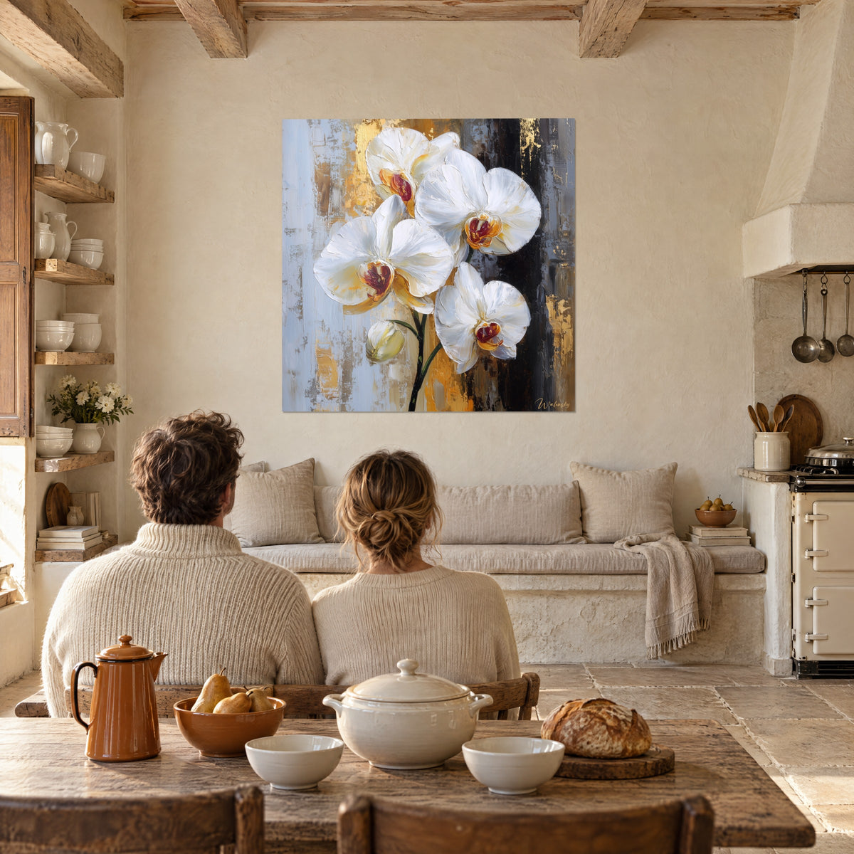 Schilderij orchideeënboeket in reliëf, witte bloemblaadjes, bloedrode en oranje kelken, blauwgrijze en zwarte achtergrond, eetkamer