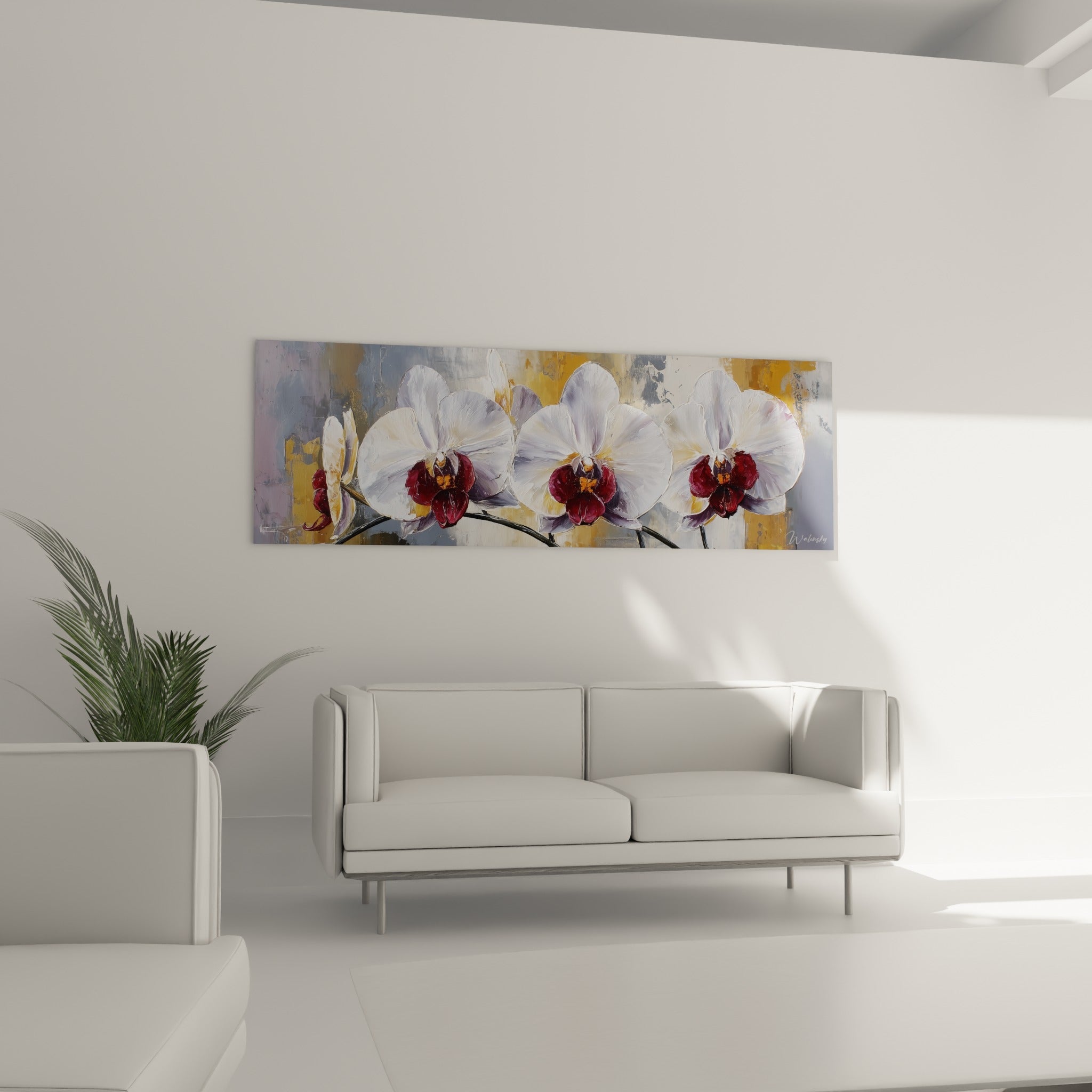 Pétales blancs nacrés et cœurs bordeaux d'orchidées, disposés au-dessus d'un canapé dans un salon lumineux