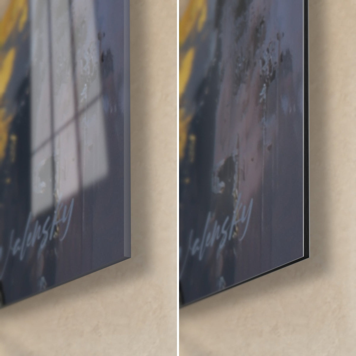 Wall art white orchid with purple heart, bottom right corner: glossy acrylic glass on the left, matte Dibond aluminium on the right, 3 mm edge
