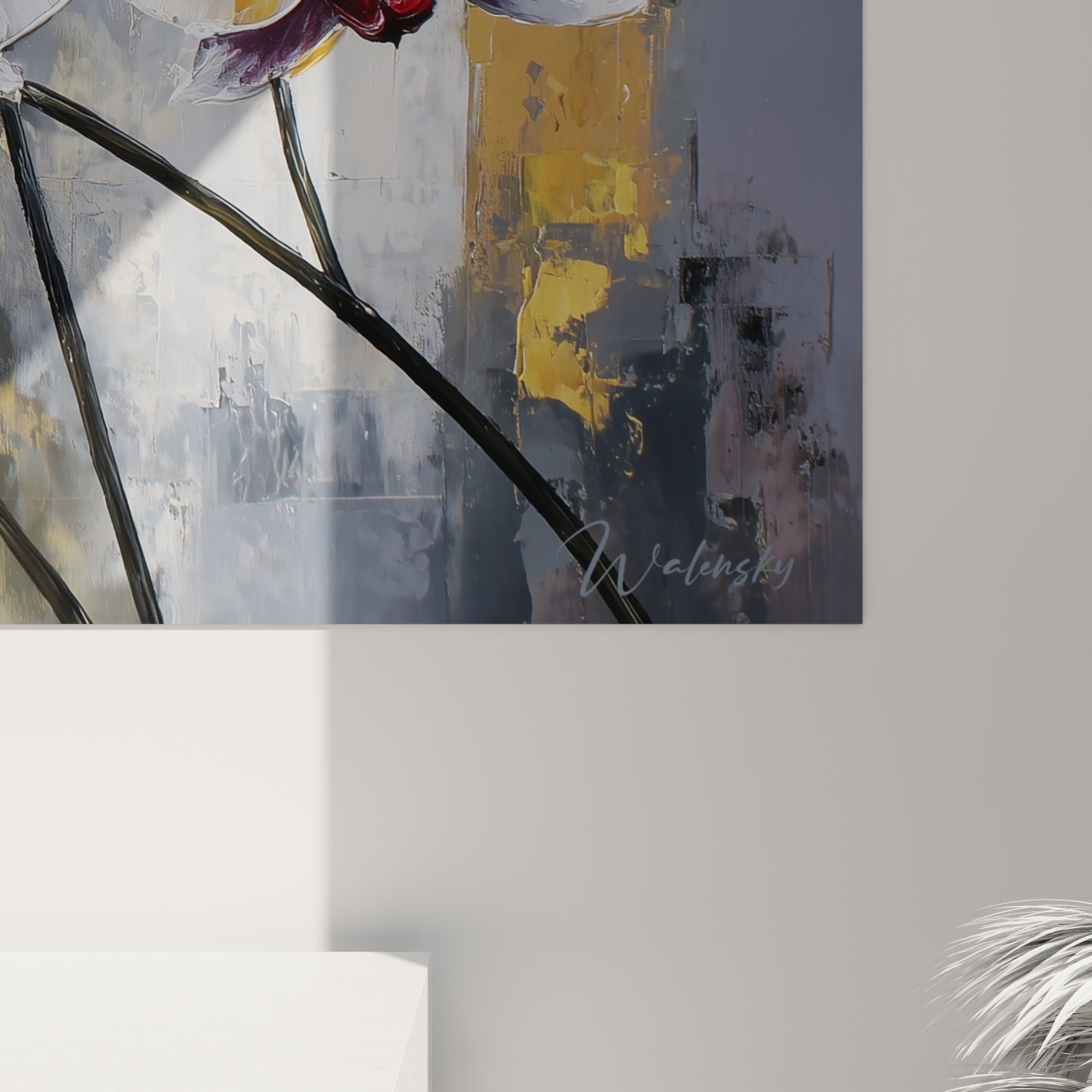 Empâtements épais révélant le grain pictural des pétales blancs et des cœurs pourpres de l'orchidée